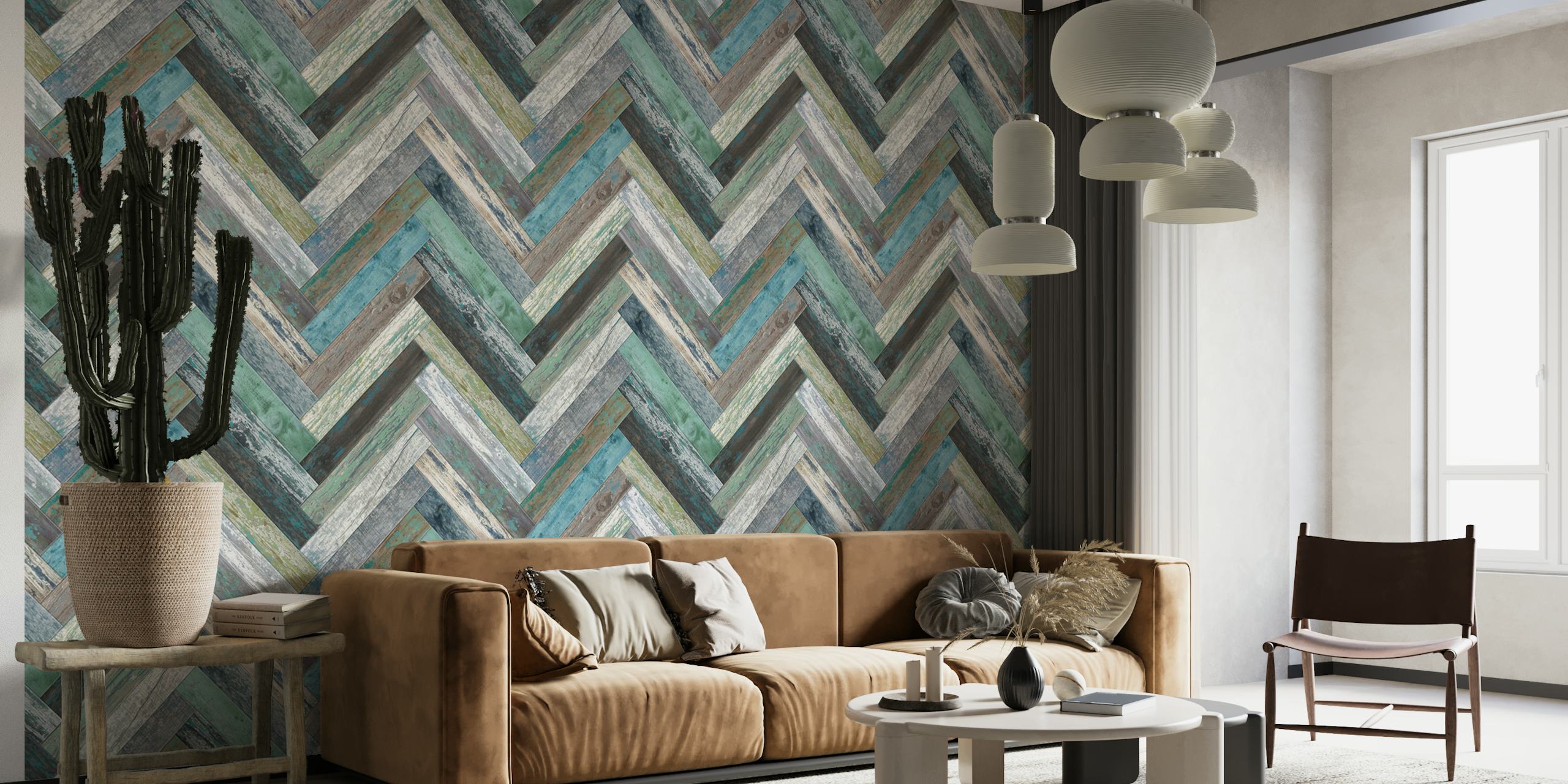 Wandbild „Chevron Wood Green Blue“ mit einem Chevron-Muster in Blau- und Grüntönen.