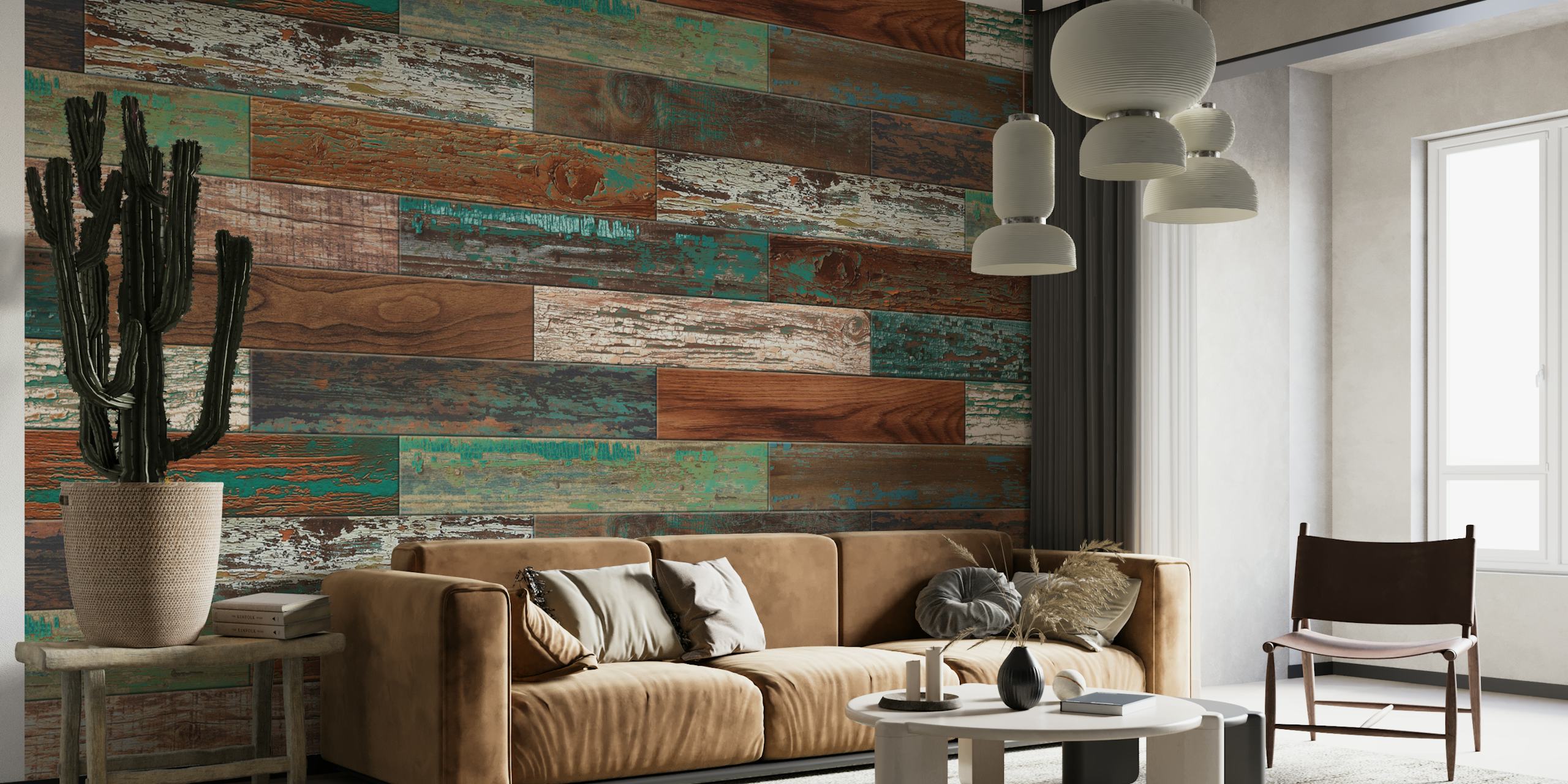 Reclaimed Boat Wood Green Rust behang in een kamer