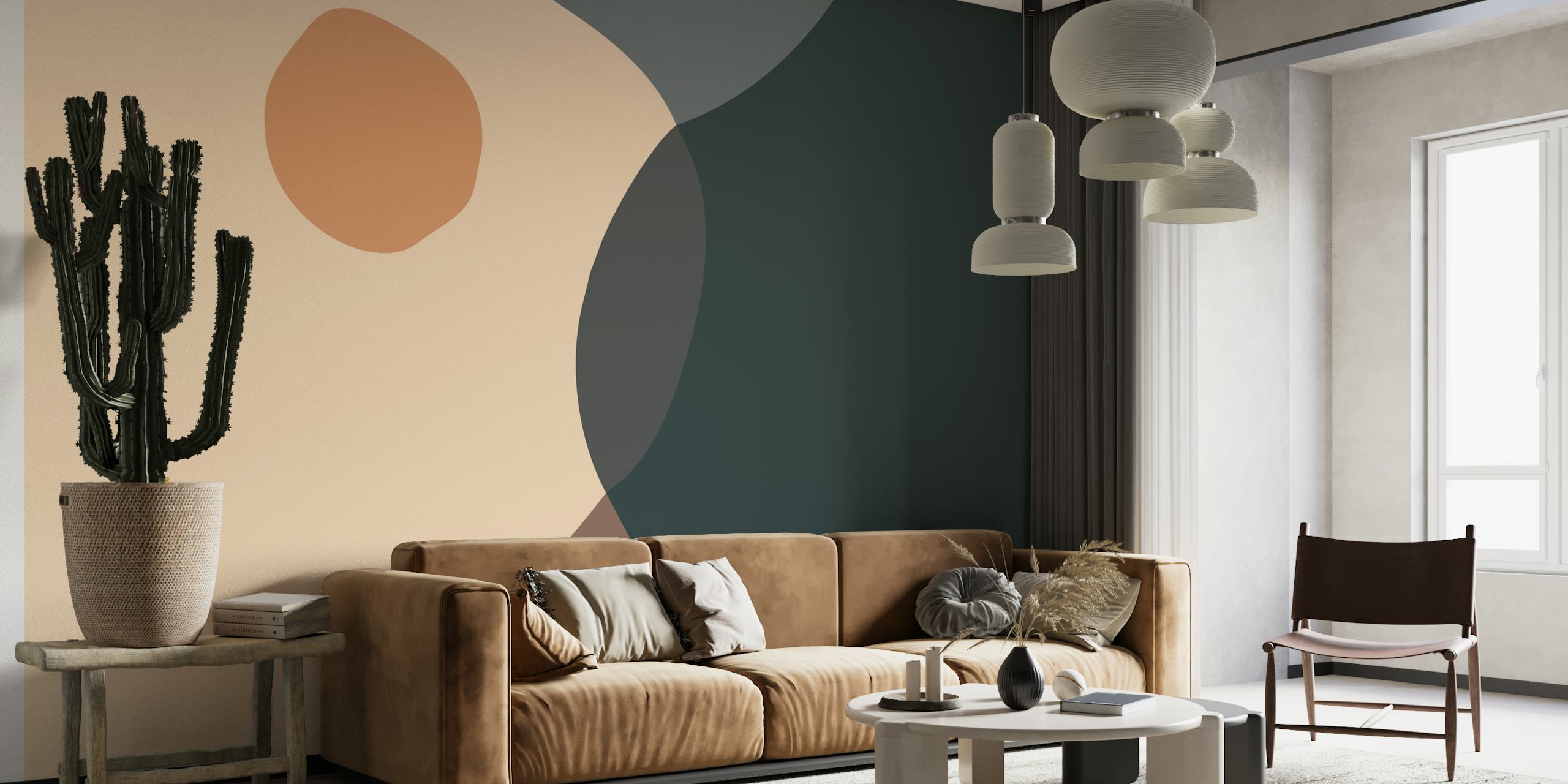 Abstract wallpaper featuring earthy shapes in beige, brown, and dark green hues