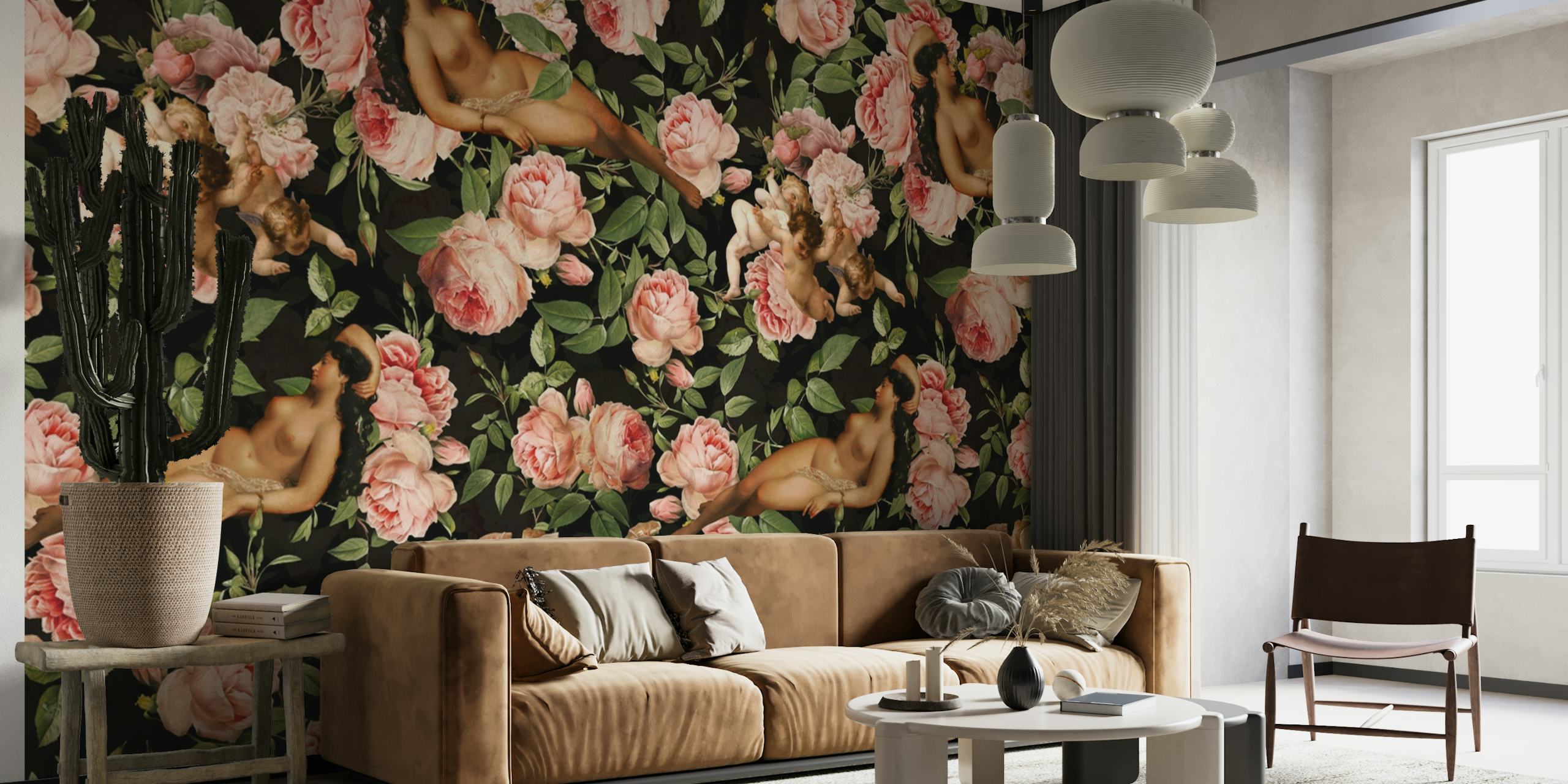 Baroque-style wall mural featuring Venus and an angel amidst blooming roses on a dark background for a romantic and luxurious feel.