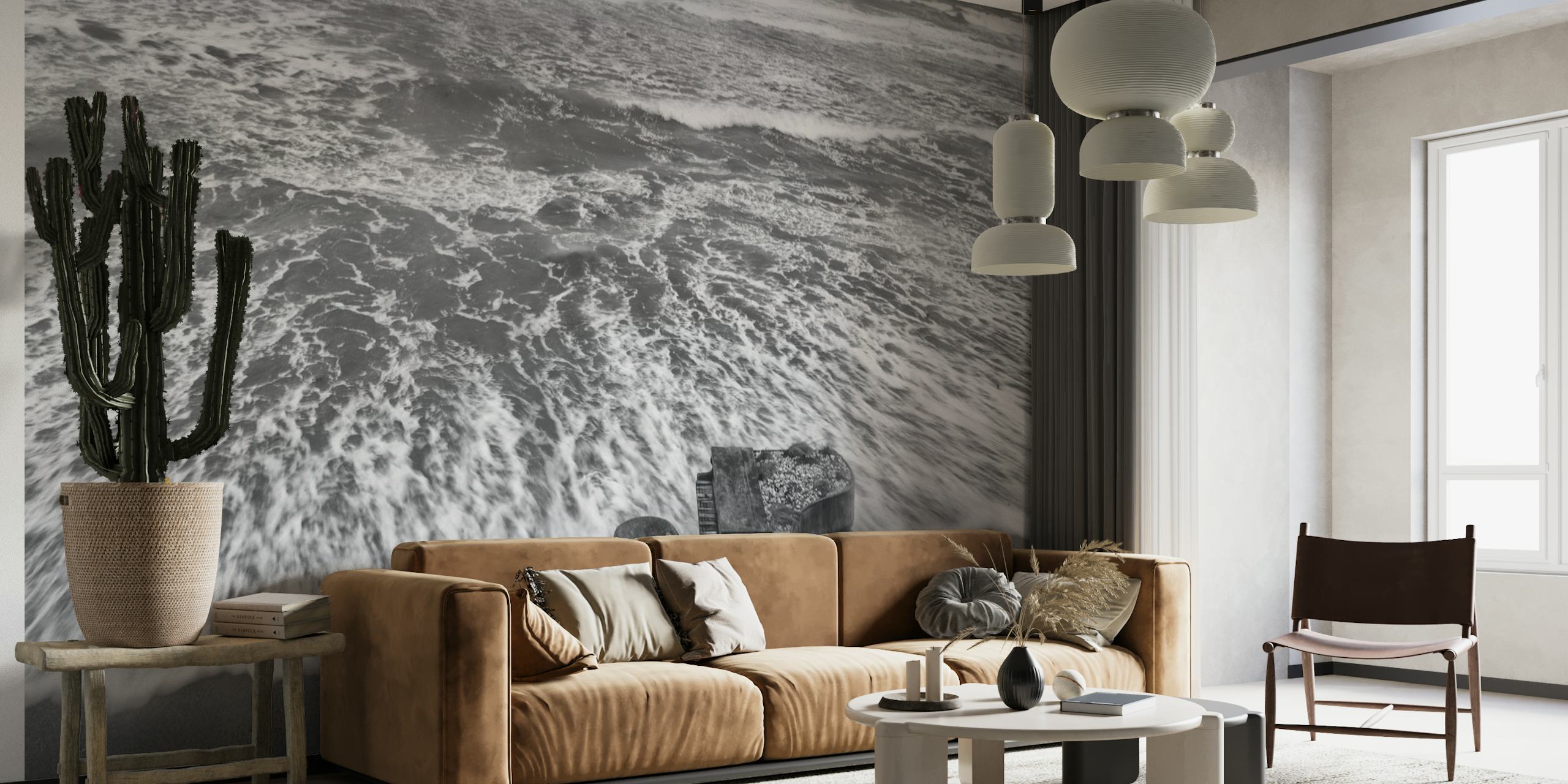 Black and white wall mural with a piano submerged in ocean waves