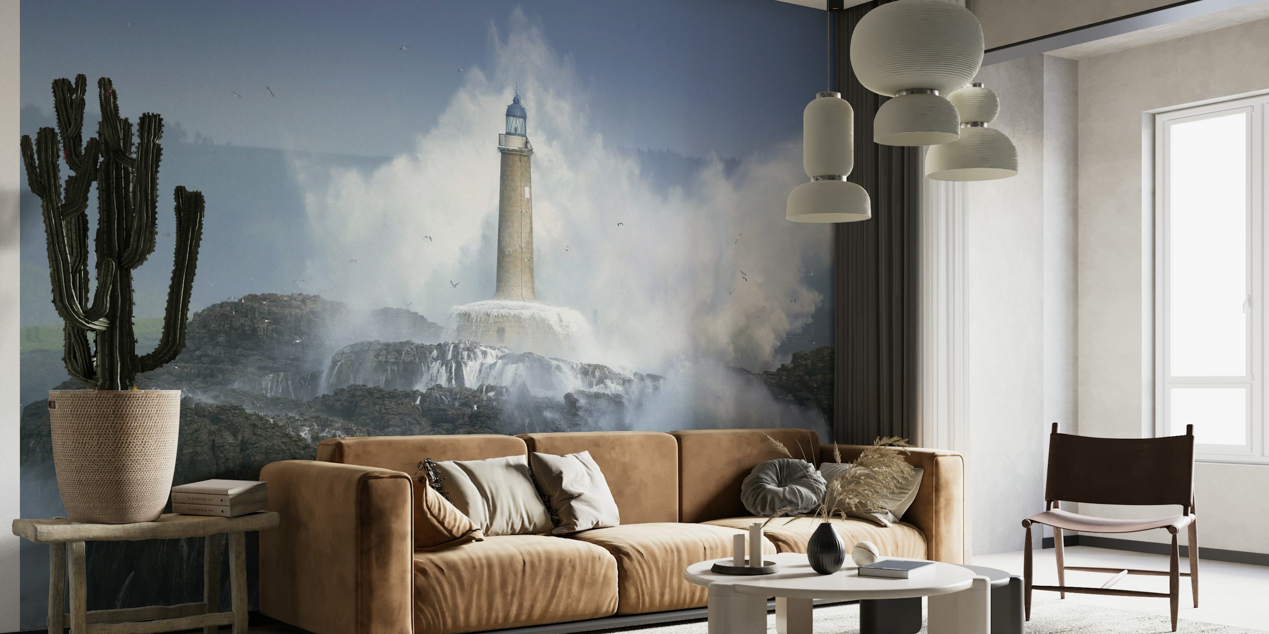 Lighthouse in stormy sea wall mural