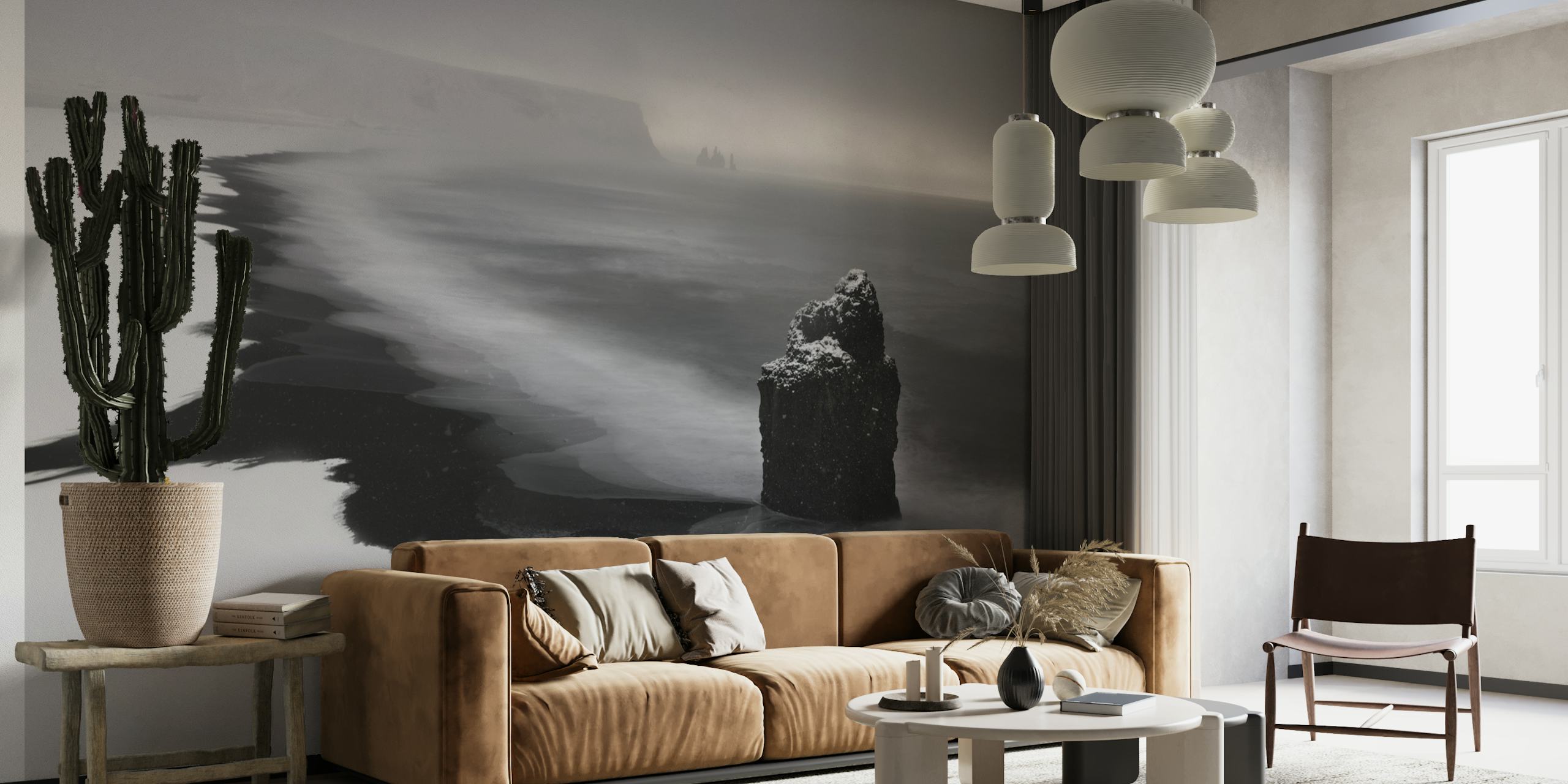 Black and white coastal landscape wallpaper with rocky shore