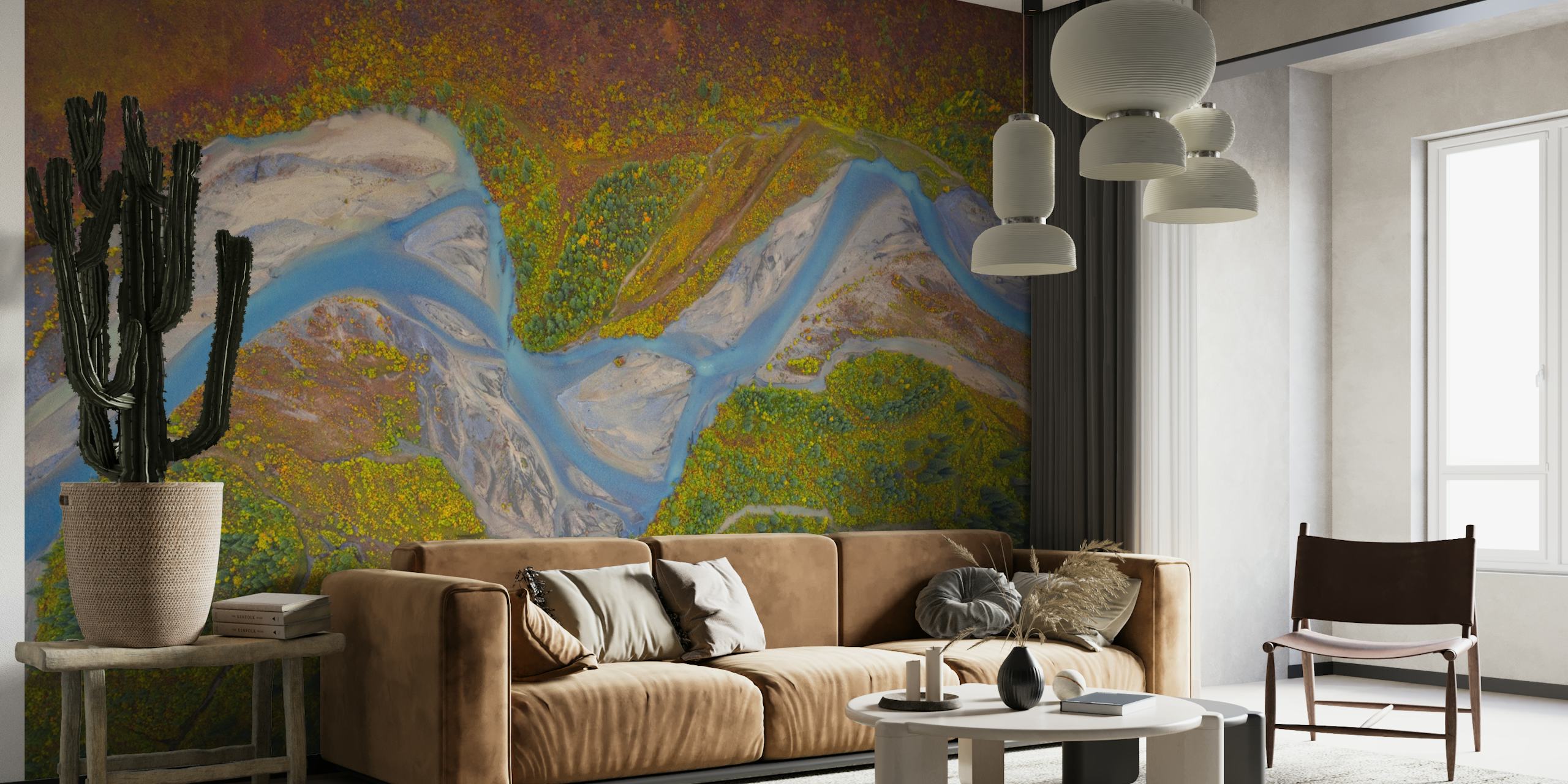 Matanuska-joen seinämaalaus ja luonnonkaunis Alaskan maisema, jossa on kiemurteleva joki ja värikkäitä niittyjä
