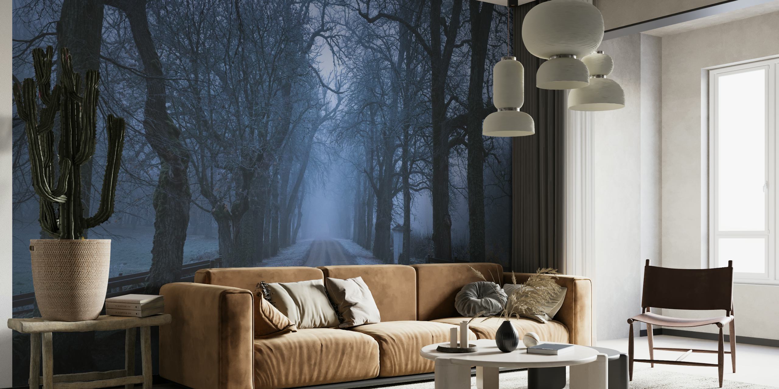 Sleepy Hollow wall mural depicting a serene, tree-lined pathway shrouded in mist