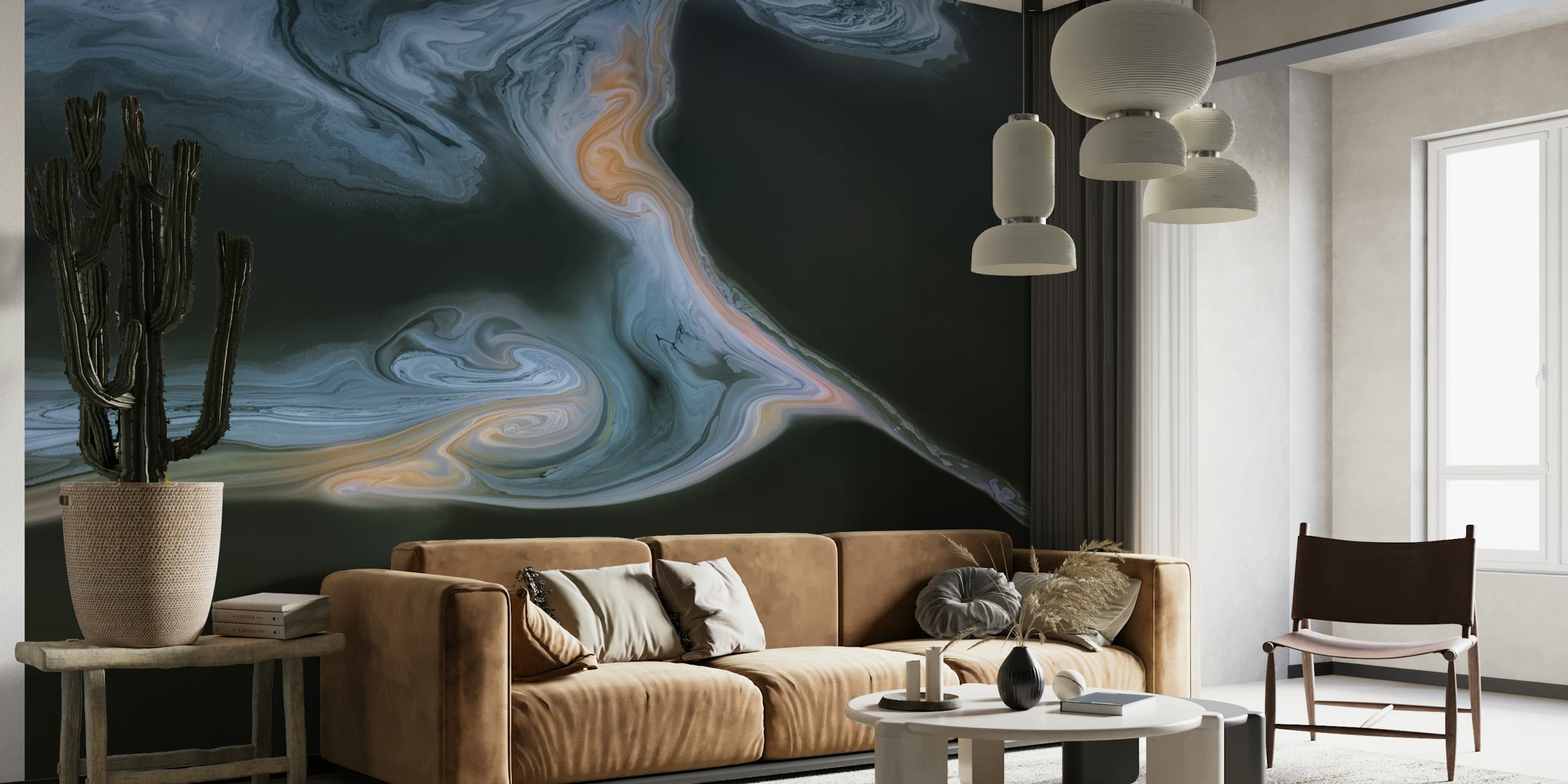 Colorful swirling abstract water pattern wallpaper with blues, oranges, and dark shades