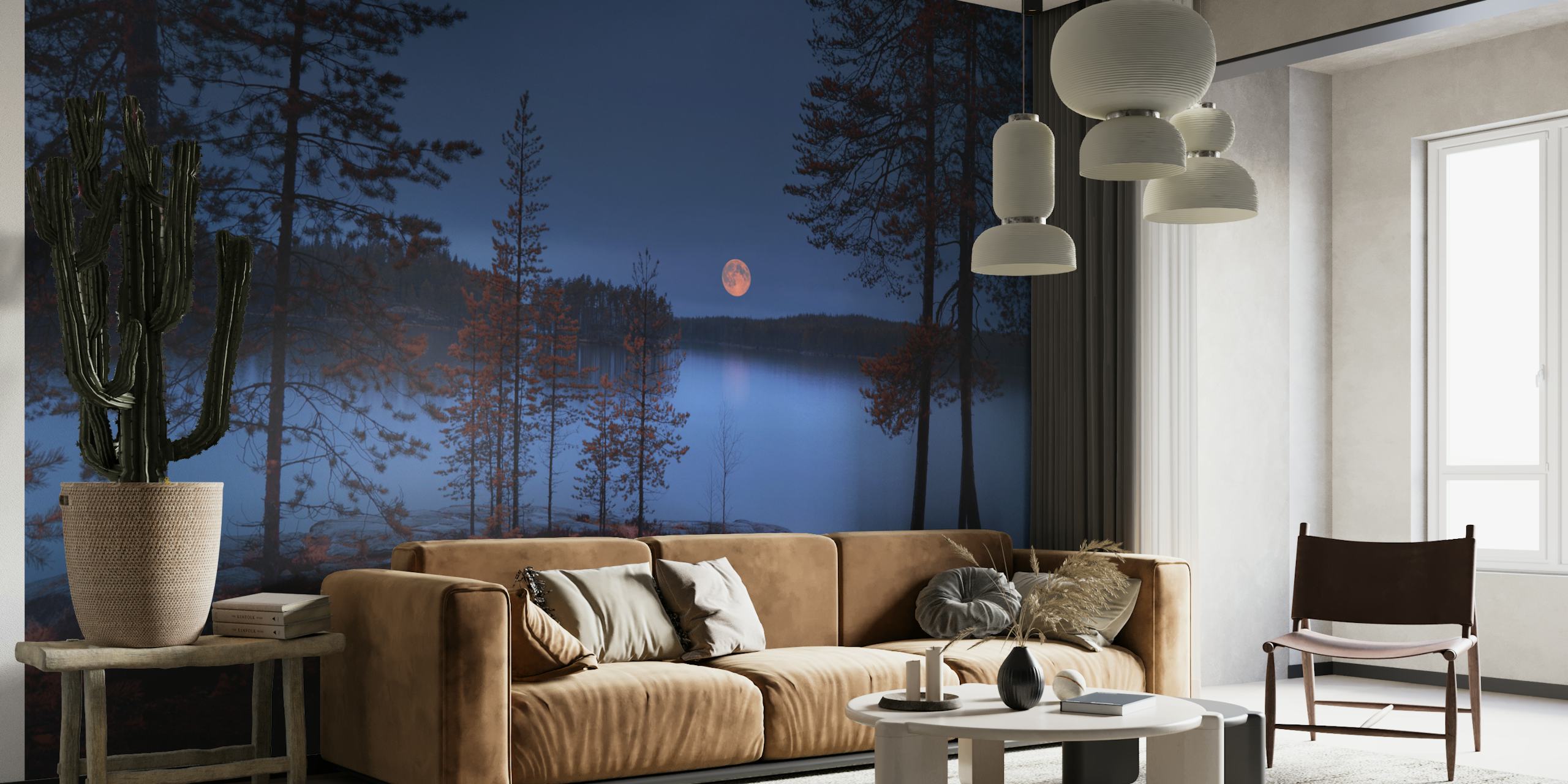 Moonlit landscape with red moon, trees, and water wallpaper