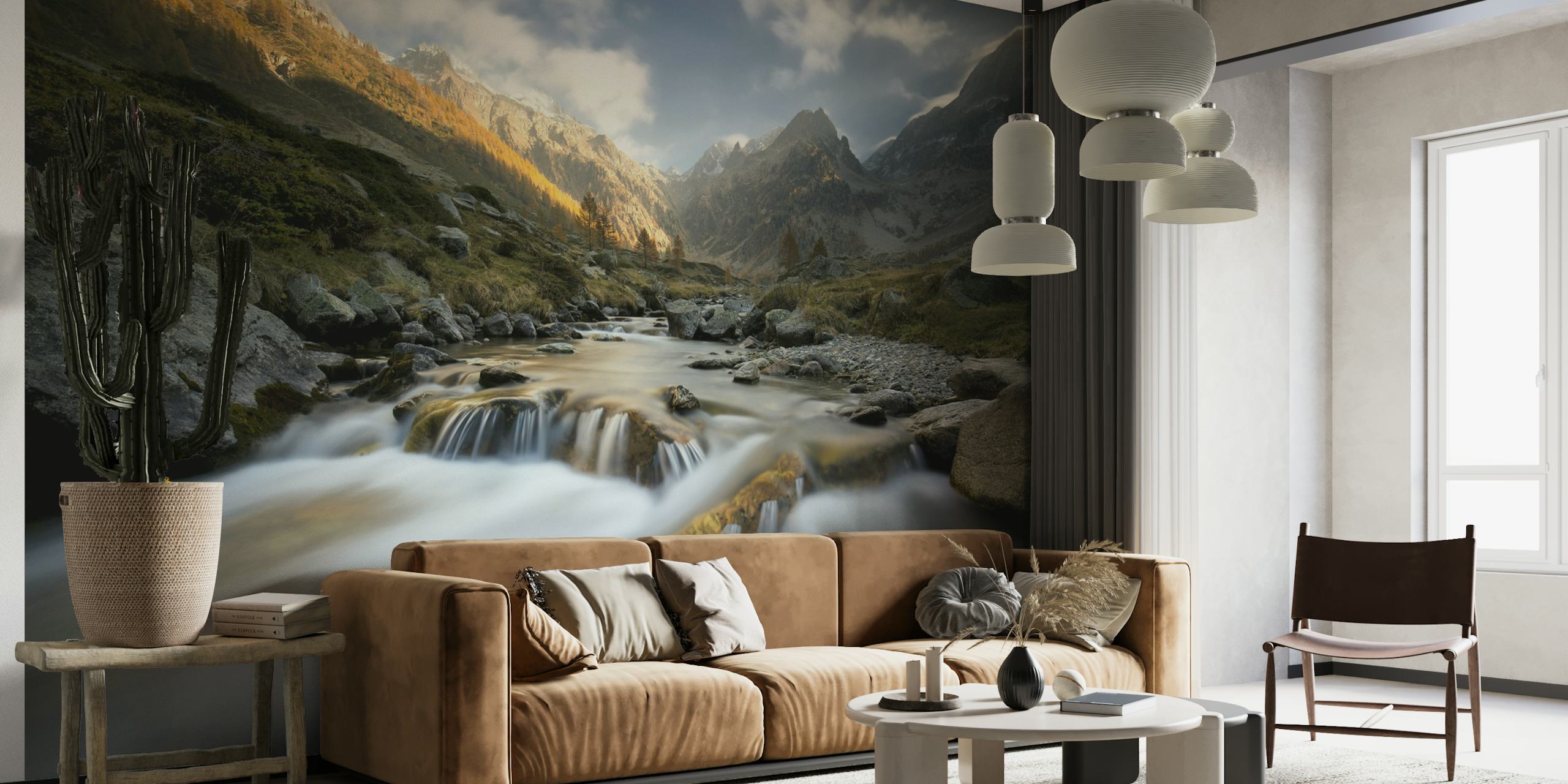 Mountain stream with autumn colors and sunrise in the Alps wall mural