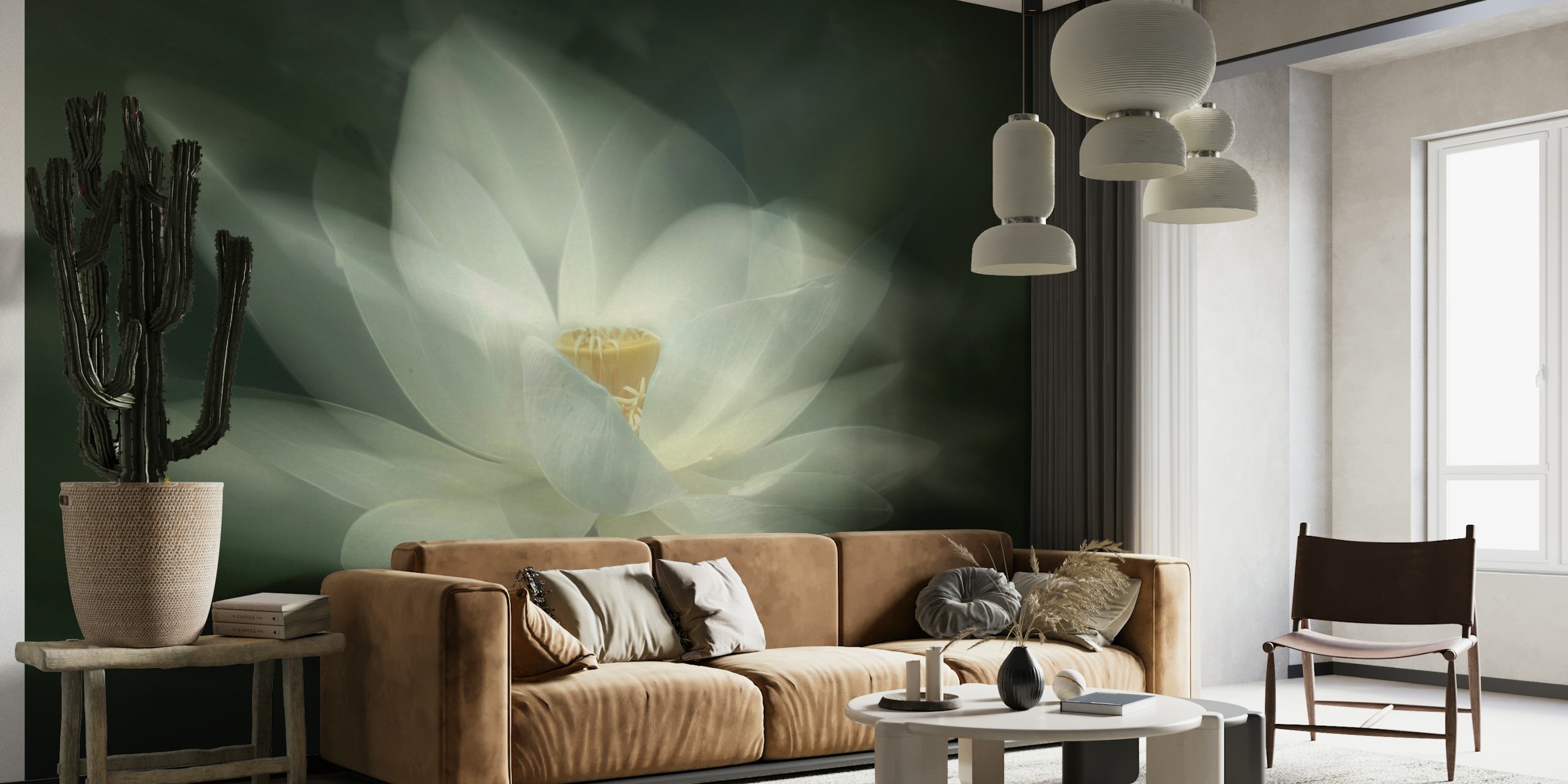 Flor branca etérea em um fotomural vinílico de parede com fundo verde tranquilo e desfocado