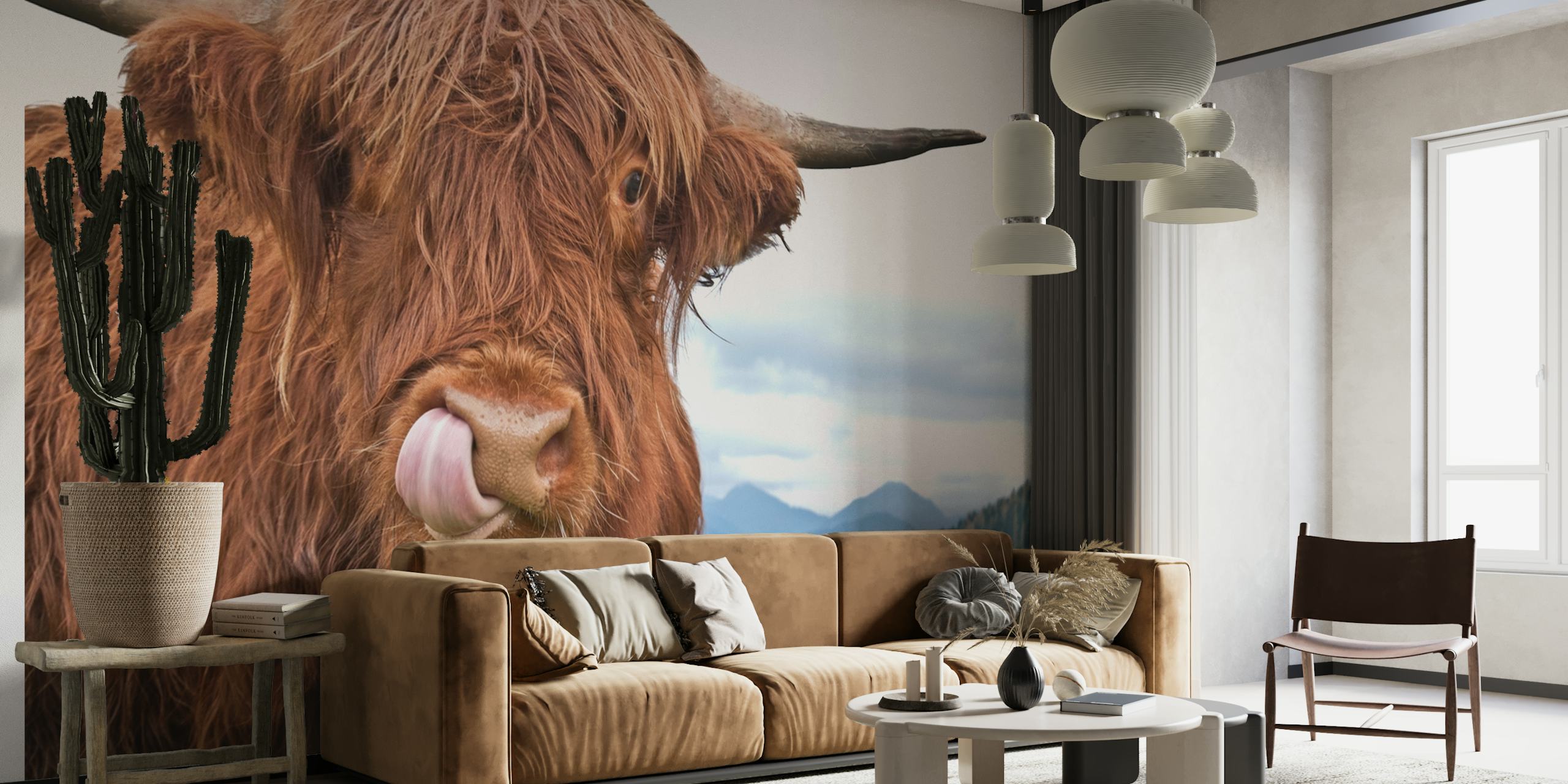 Highland cow with textured reddish fur against green grass and a blue sky wallpaper