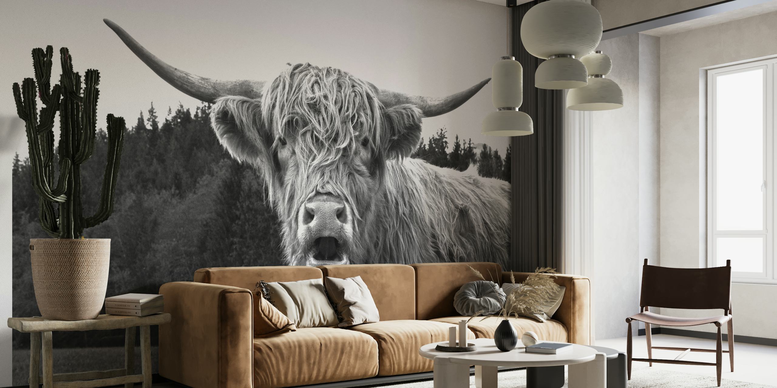 Highland Cow Black White 1 papel pintado