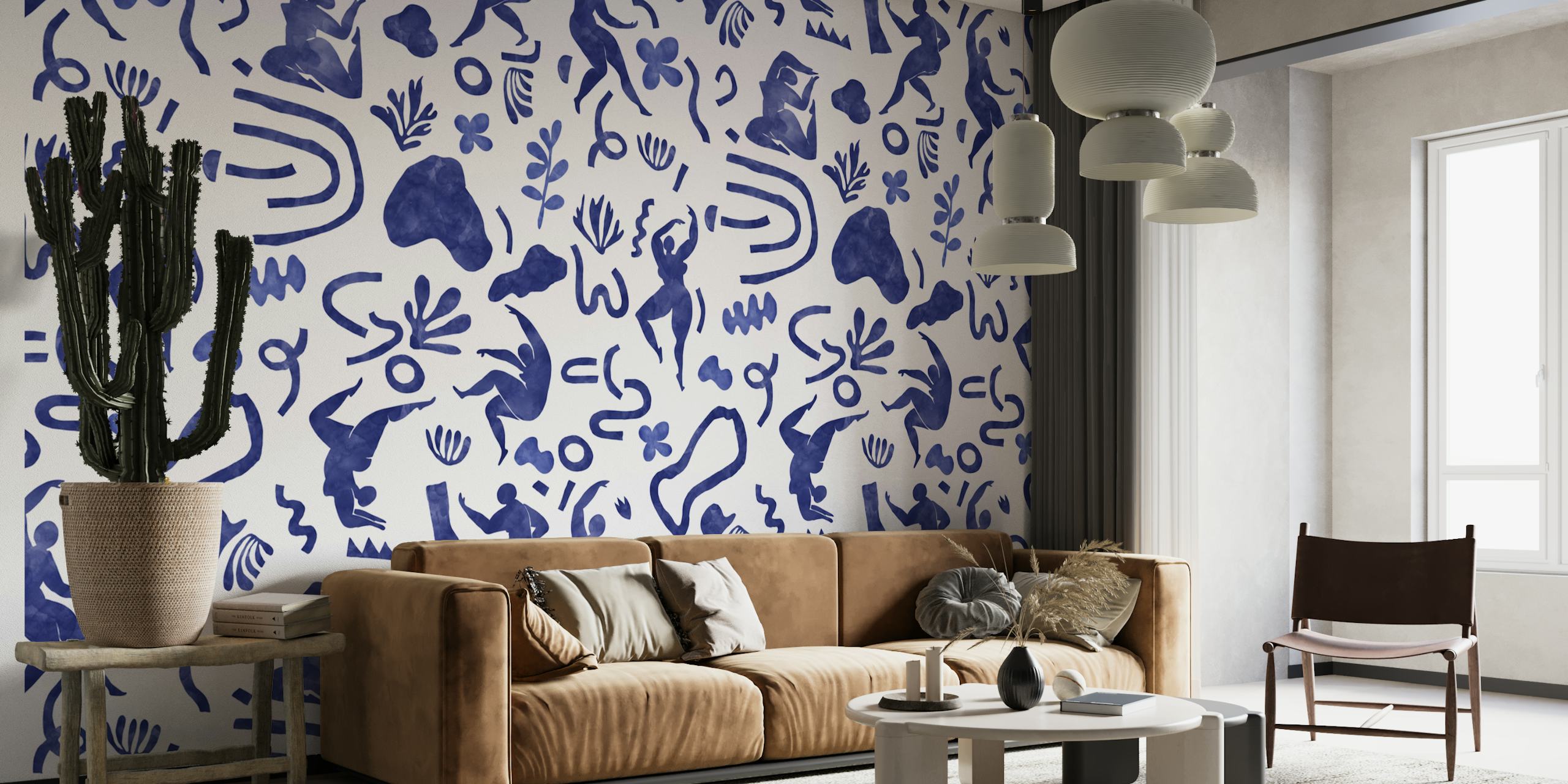 Abstract women and nature pattern wall mural in indigo blue