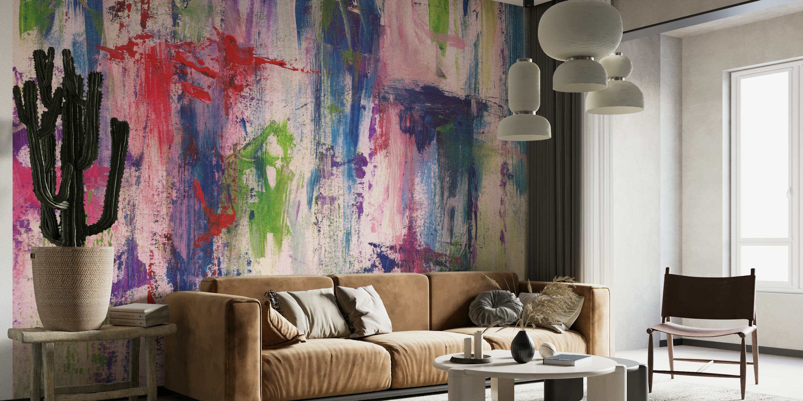 Abstract wall mural with a blend of red, green, and pastel brush strokes