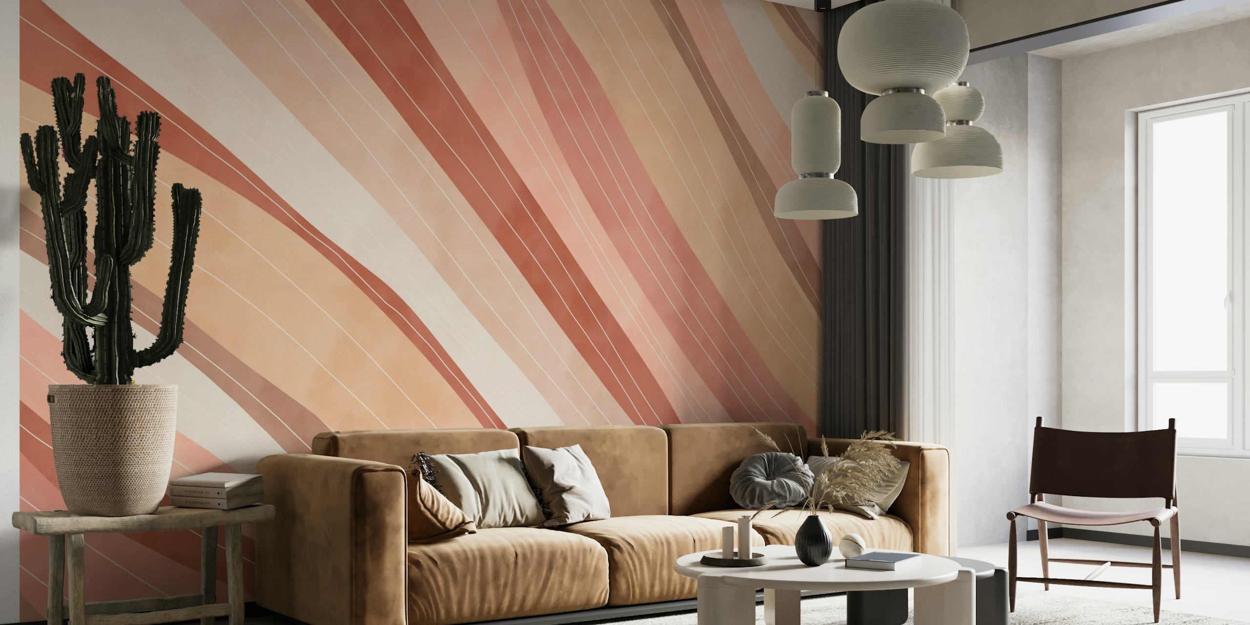 Abstract roze en witte lijnen muurschildering voor moderne interieurdecoratie