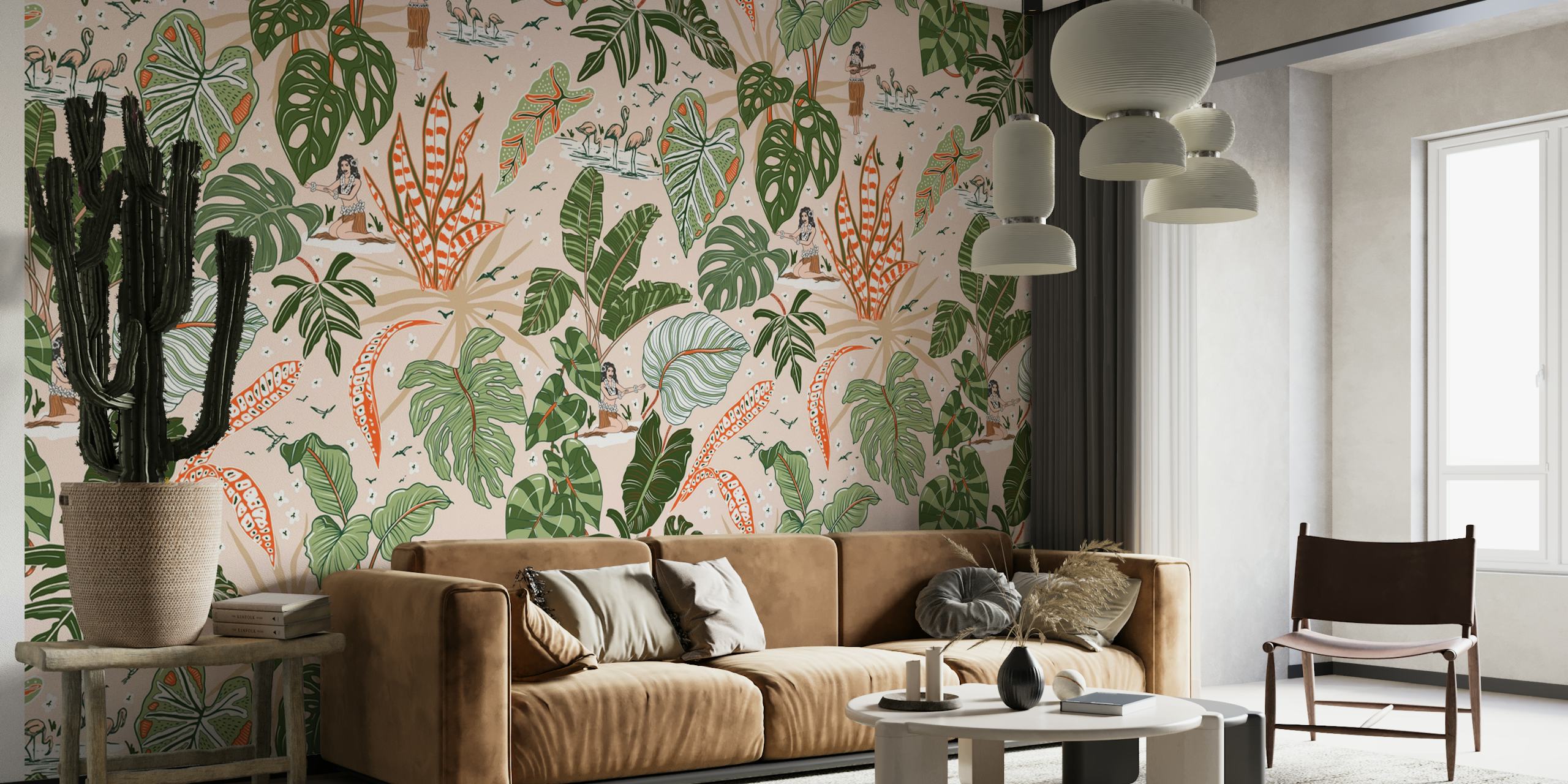 Tropical leaves in green and peach tones wallpaper