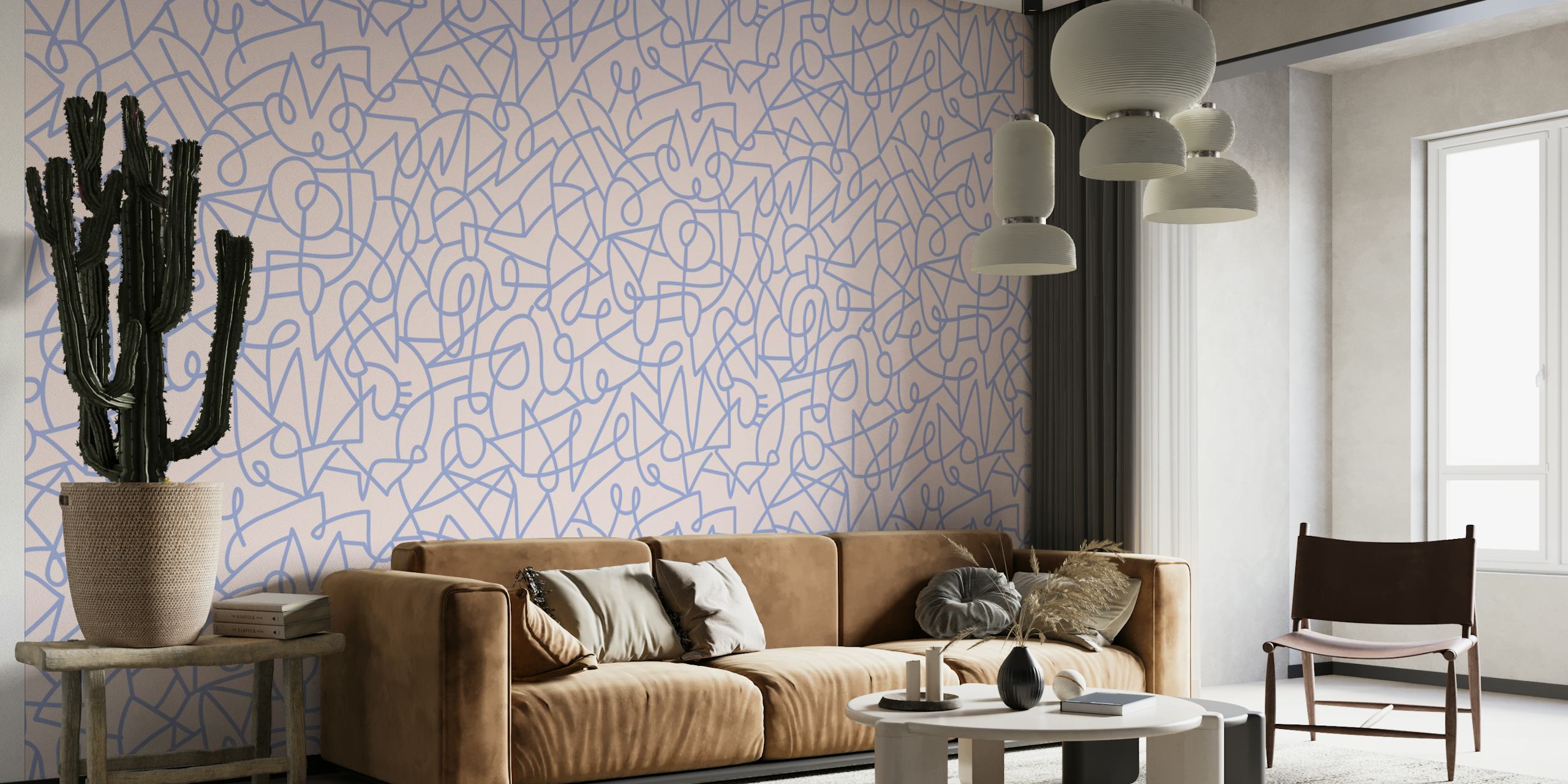 Abstract line pattern in pastel pink and blue wallpaper