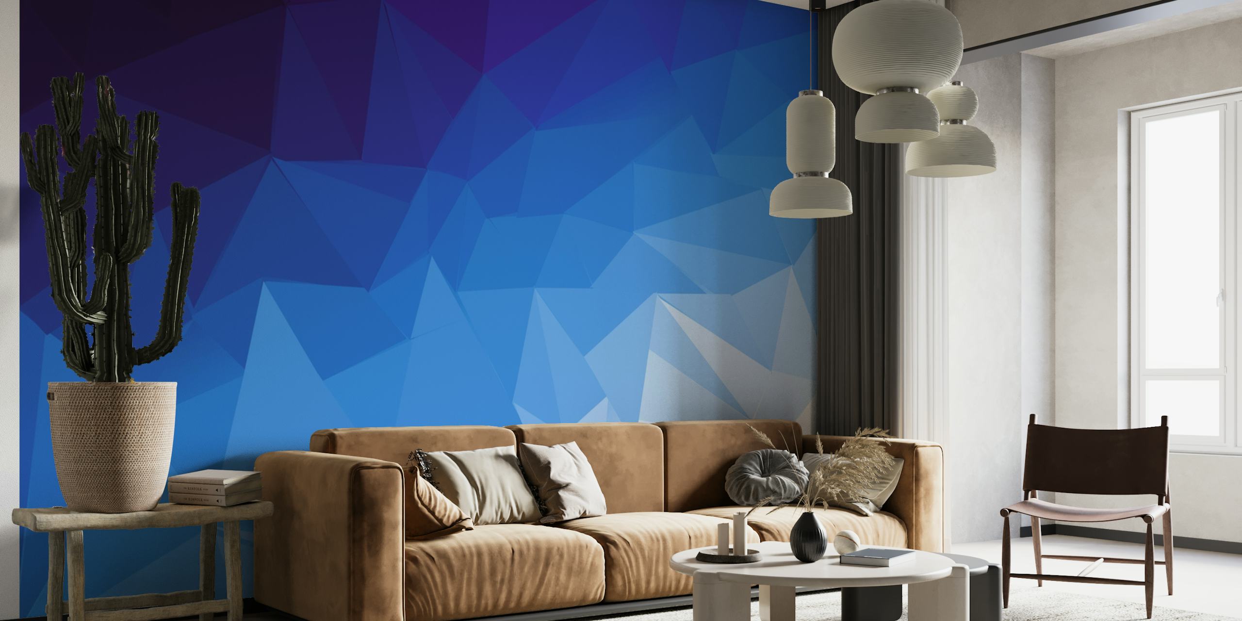 Abstrakt geometrisk hav-inspireret vægmaleri i blå nuancer.