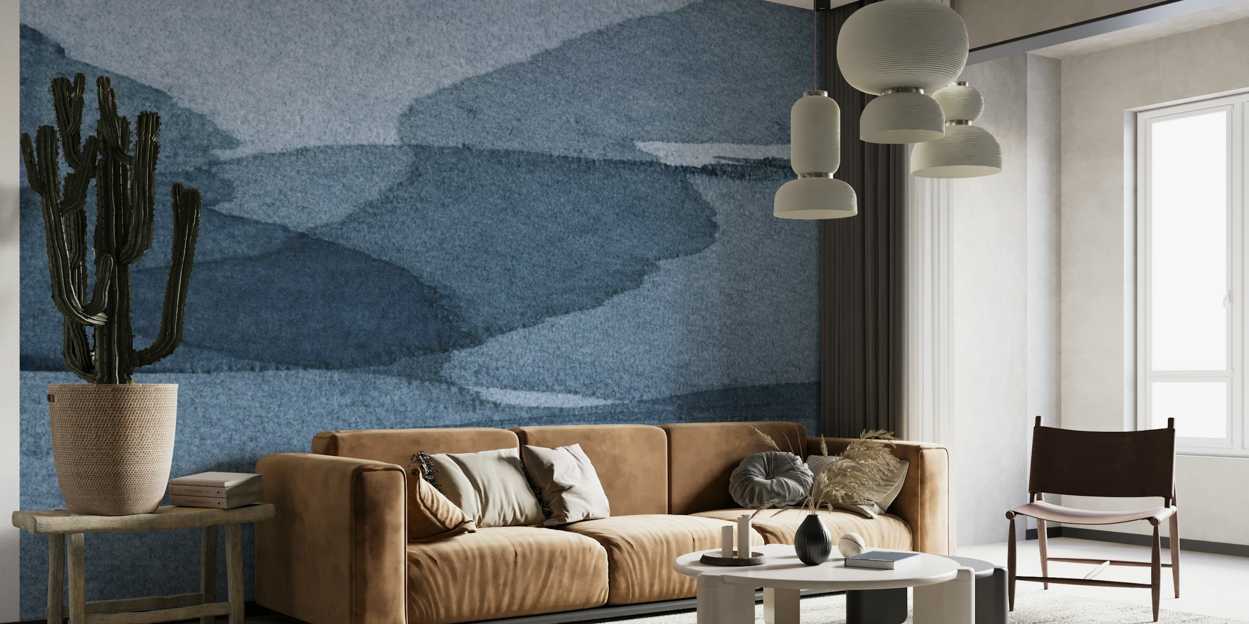 Abstraktes blaues Aquarell-Wandbild mit ruhigem, sich überlappenden Wellen-Design