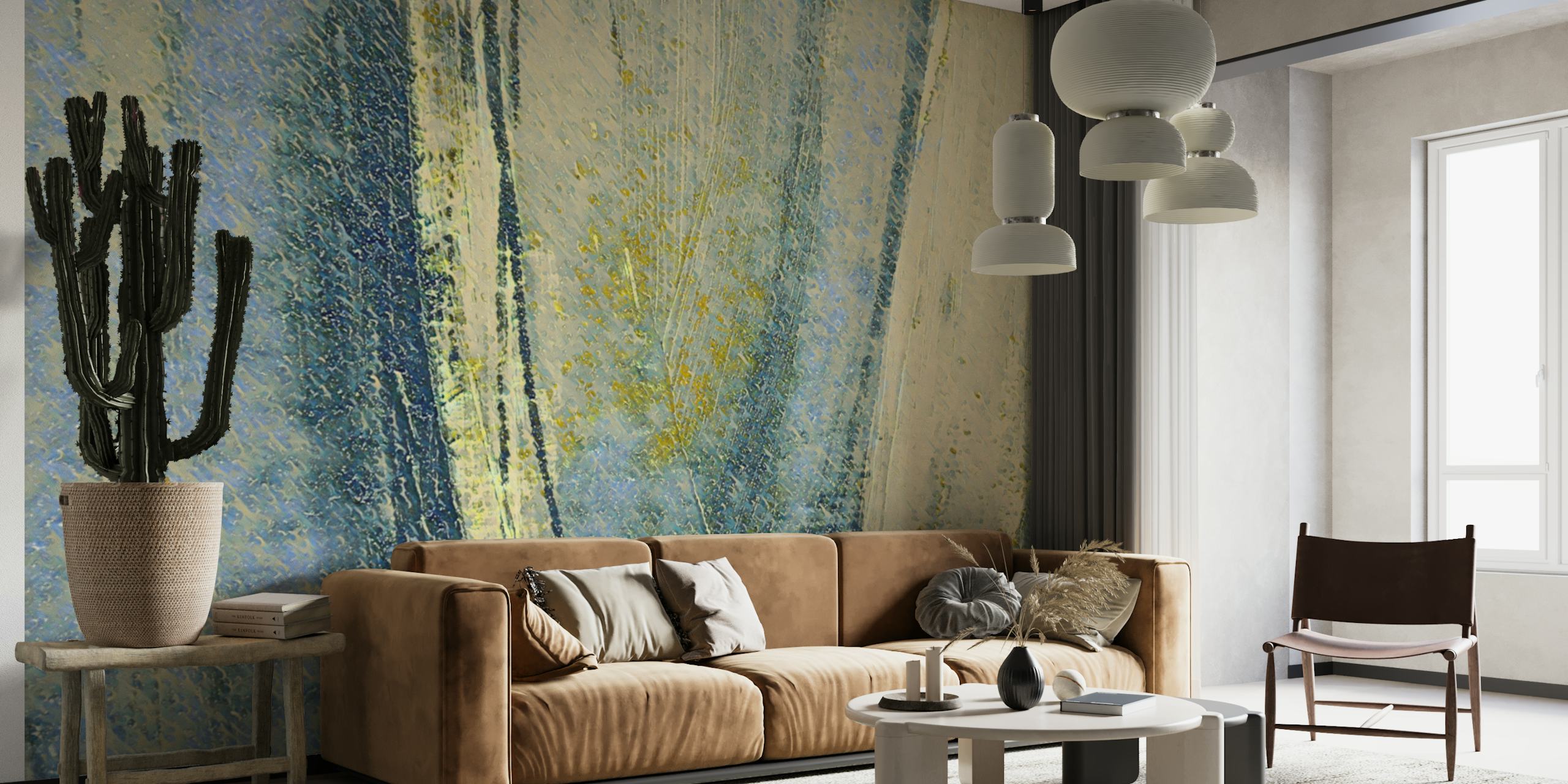 Abstract brushstroke wallpaper in blue and gold colors