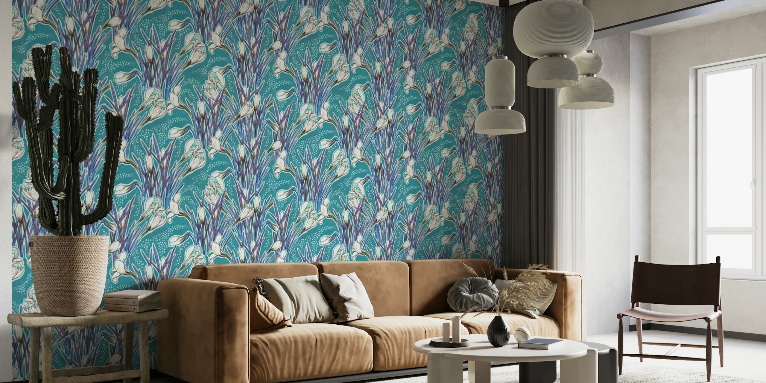 Mural de parede turquesa com padrão de açafrão e desenho floral simétrico em happywall.com