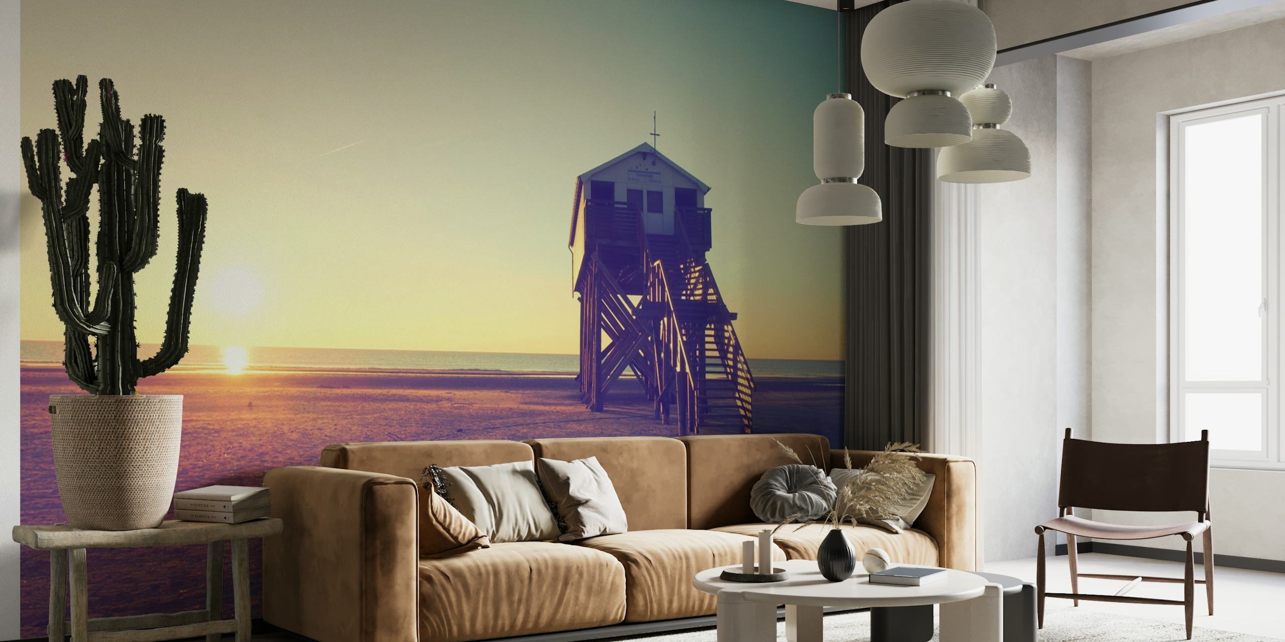 Kyst solnedgang vægmaleri med strandhus silhuet