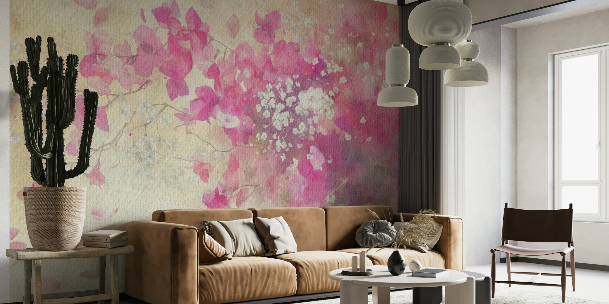 Pink watercolor floral wallpaper with soft petals and blossoms