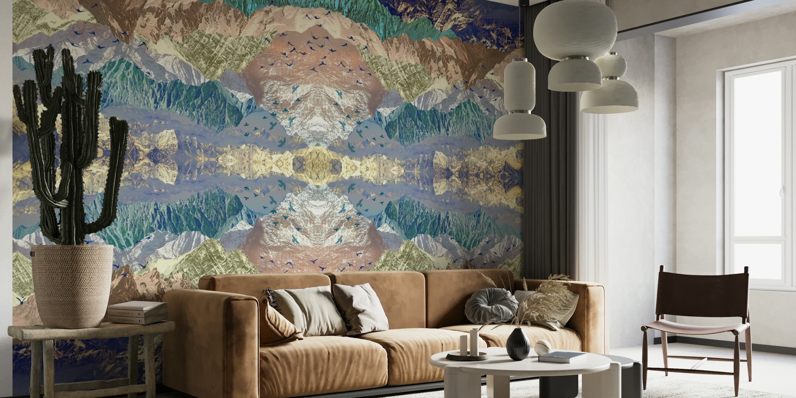 Utopia wall mural with symmetrical mountain and water reflection design