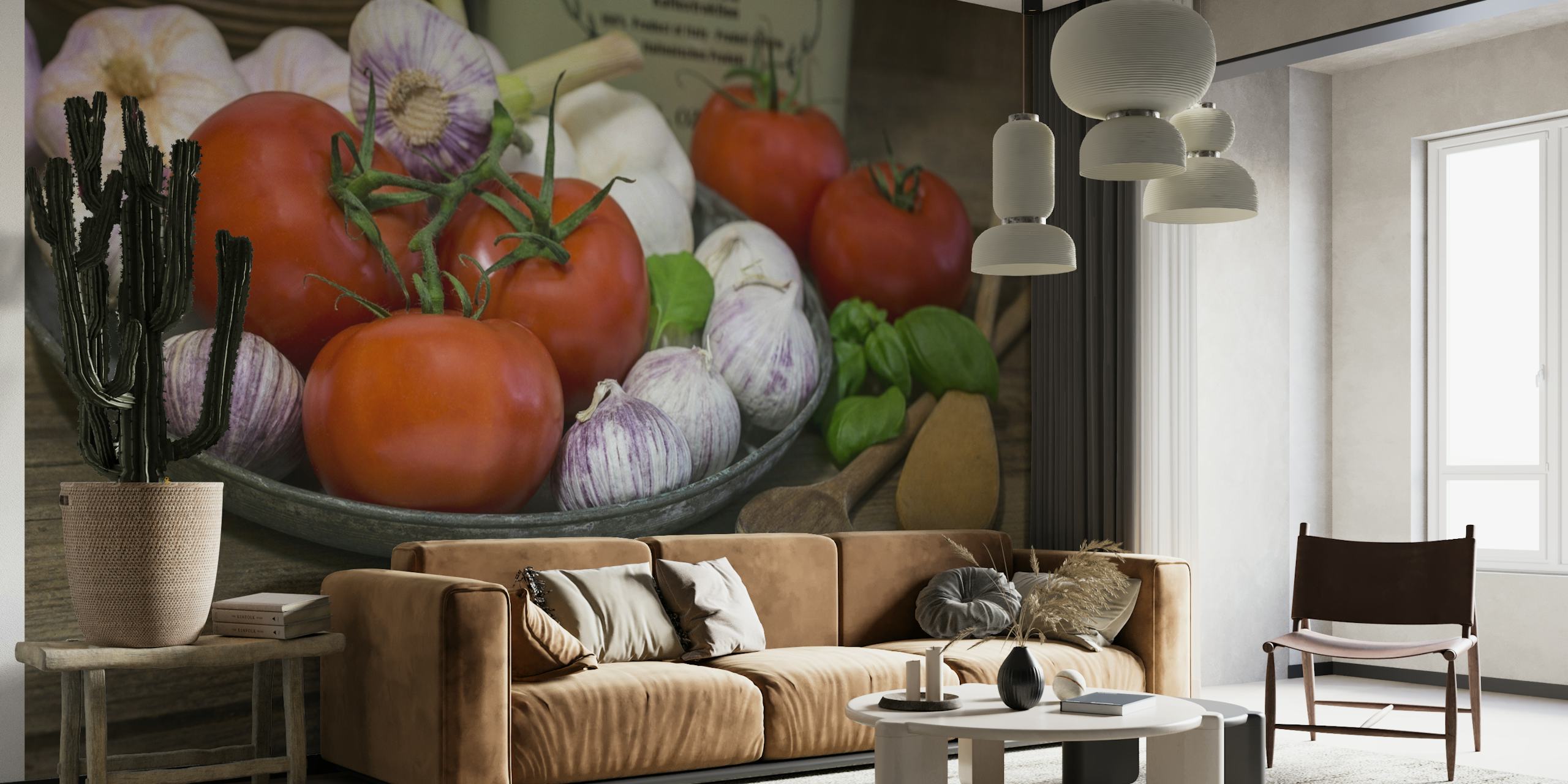 Vægmaleri af væsentlige italienske retter med tomater, hvidløg og basilikum på et træbord