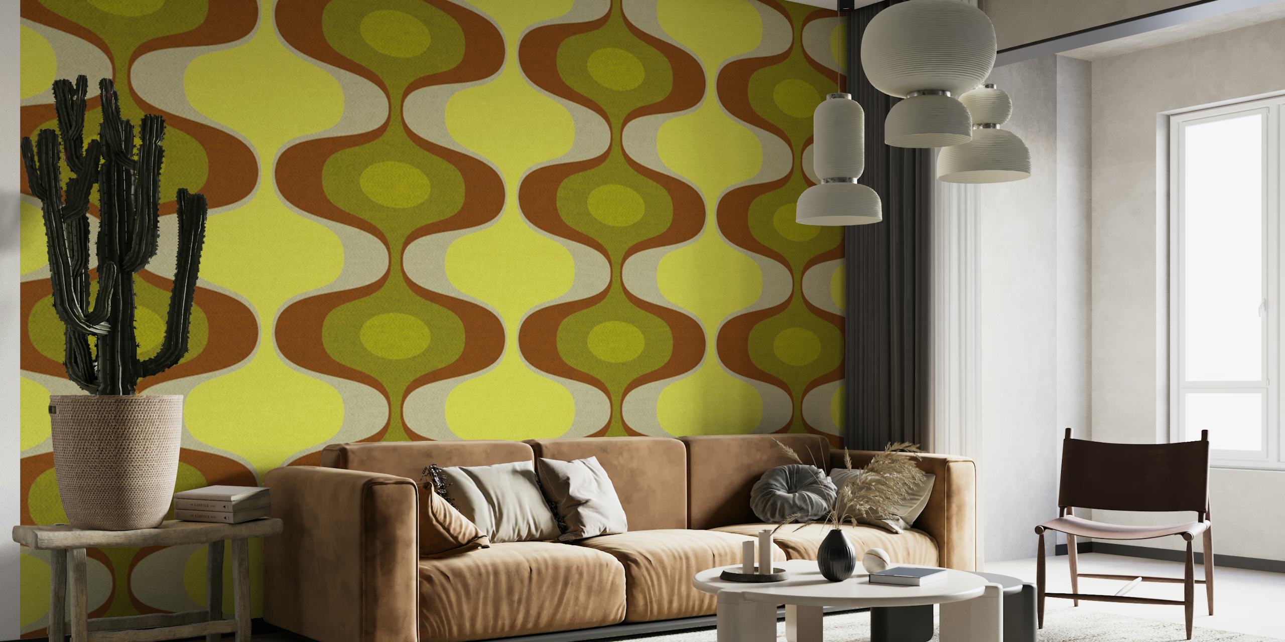 Curved wave patterns in green, brown, and cream retro wallpaper