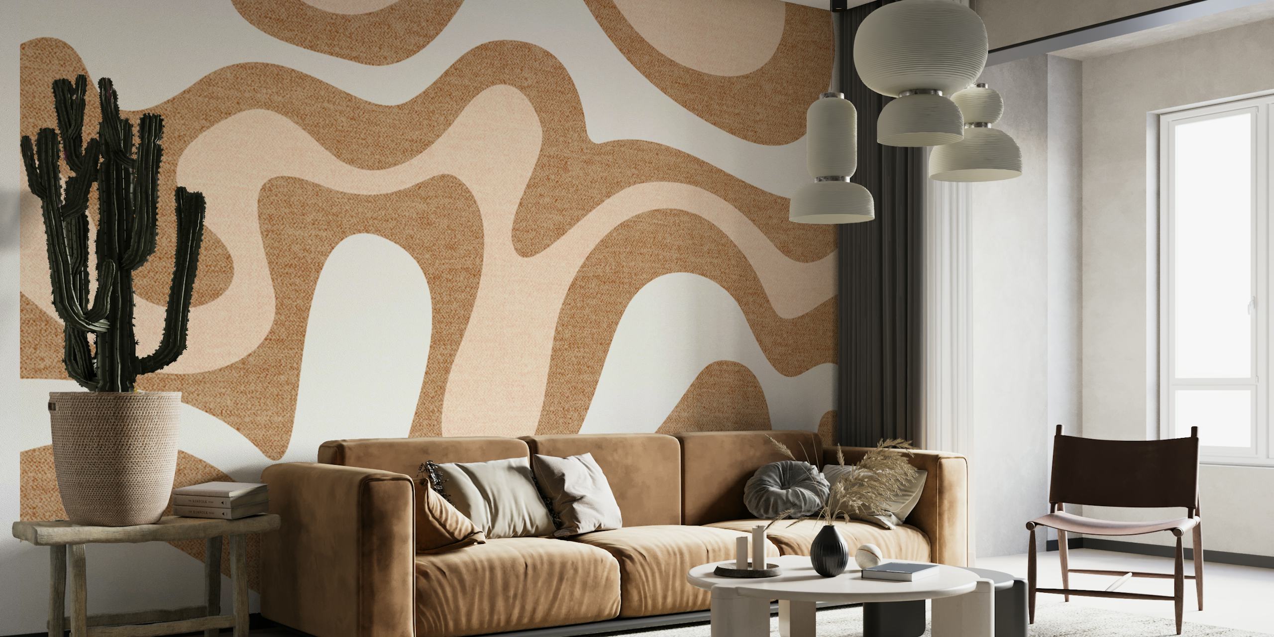 Cream and beige abstract wave pattern wallpaper