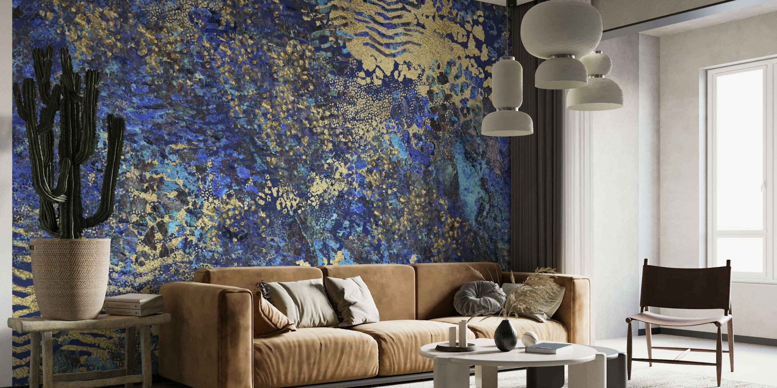 Luxurious Blue and Gold Animal Print Wallpaper Design
