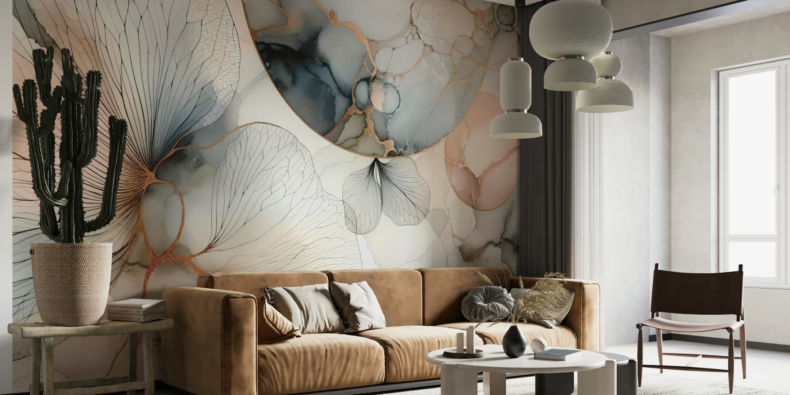 Floral abstract design with soft pastel colors and delicate lines wallpaper
