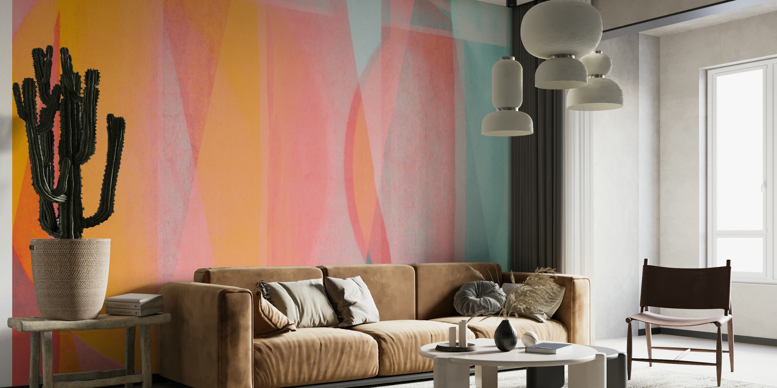 Colorful geometric abstract patterns in shades of orange, pink, and teal wallpaper