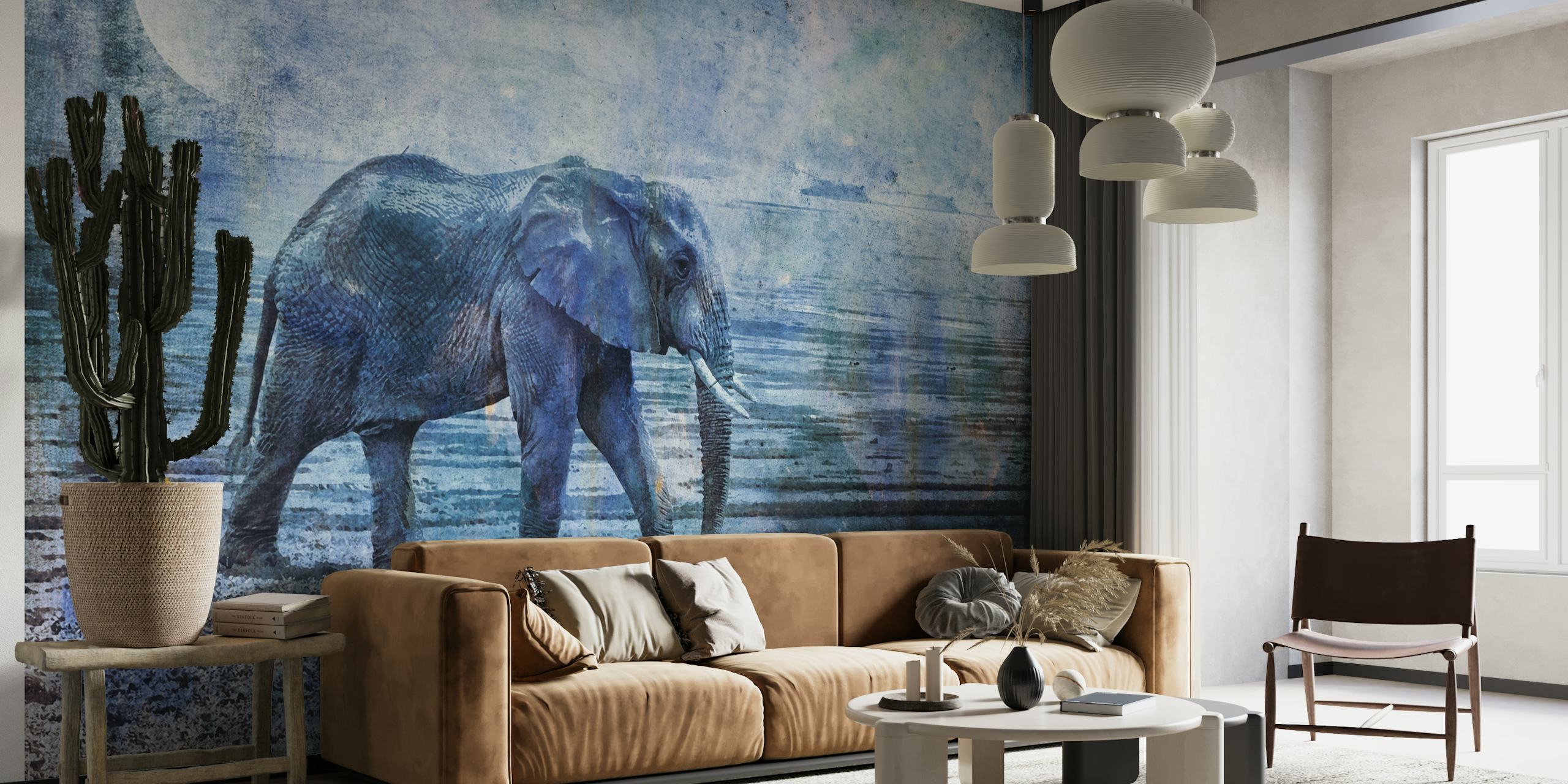 Slon kráčí za měsíčního svitu v nástěnné malbě s texturou krajiny