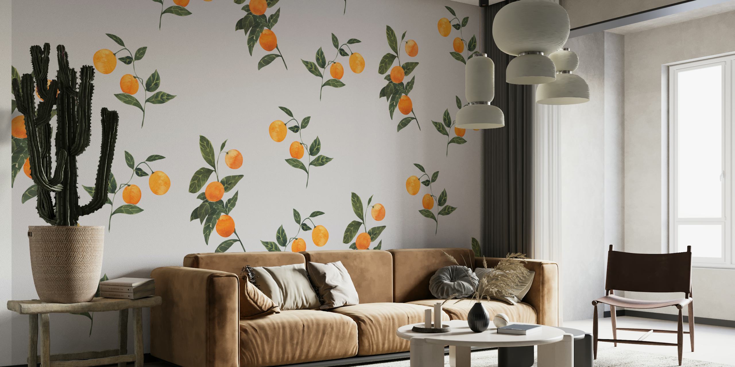 Sunkissed Oranges on Gray wallpaper in a room