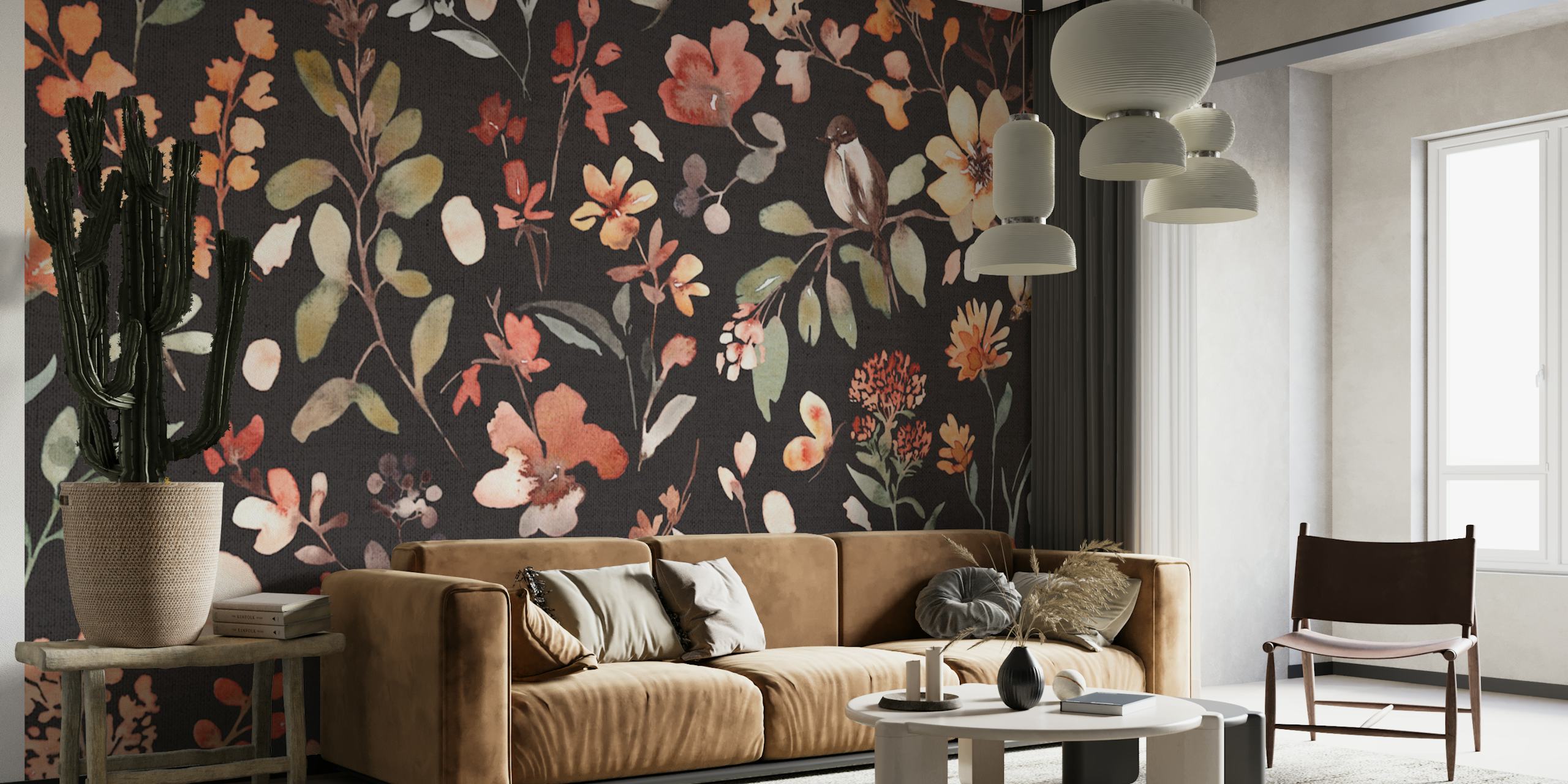 Colorful floral patterns on black wallpaper, watercolor style