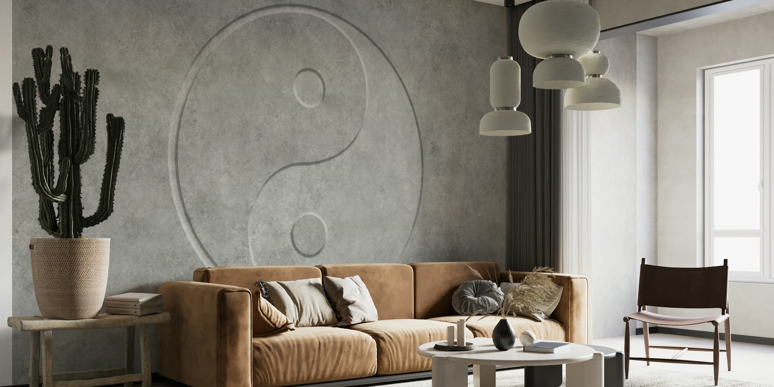 Gray concrete wallpaper featuring a Yin Yang symbol in the center