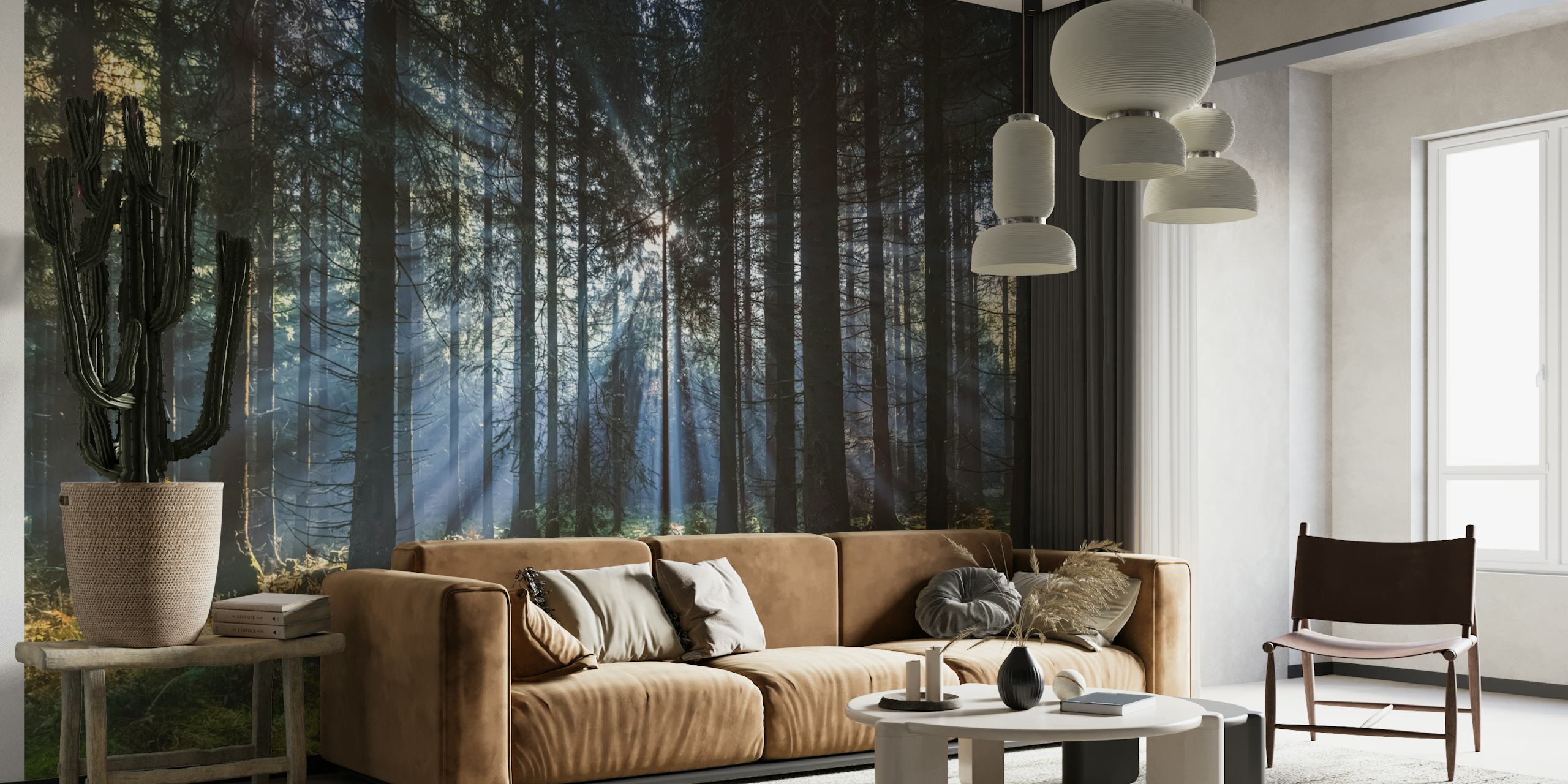 Sunbeam forest scene with green trees and light rays wallpaper