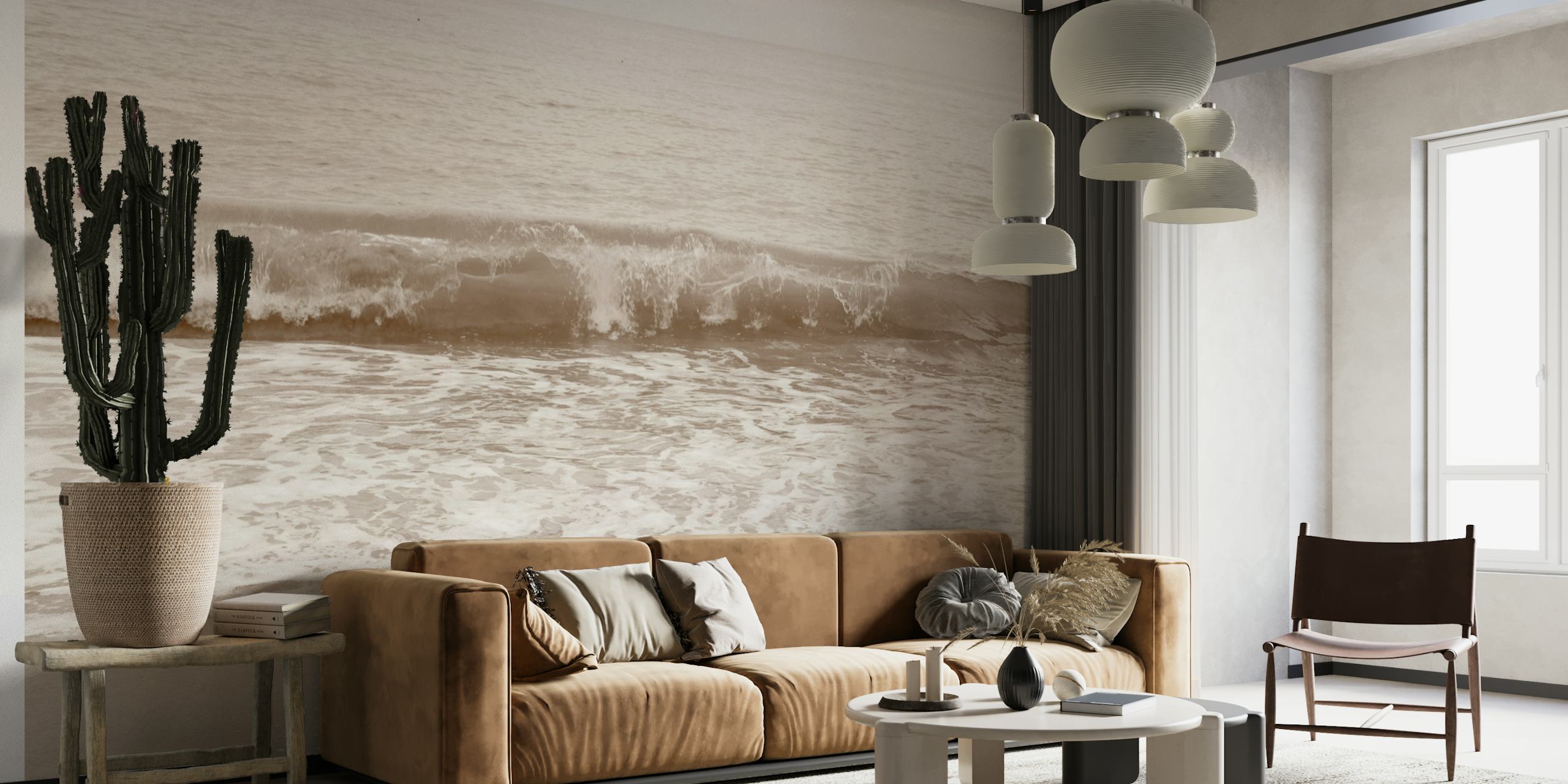 Soft beige wallpaper featuring ocean waves and shoreline