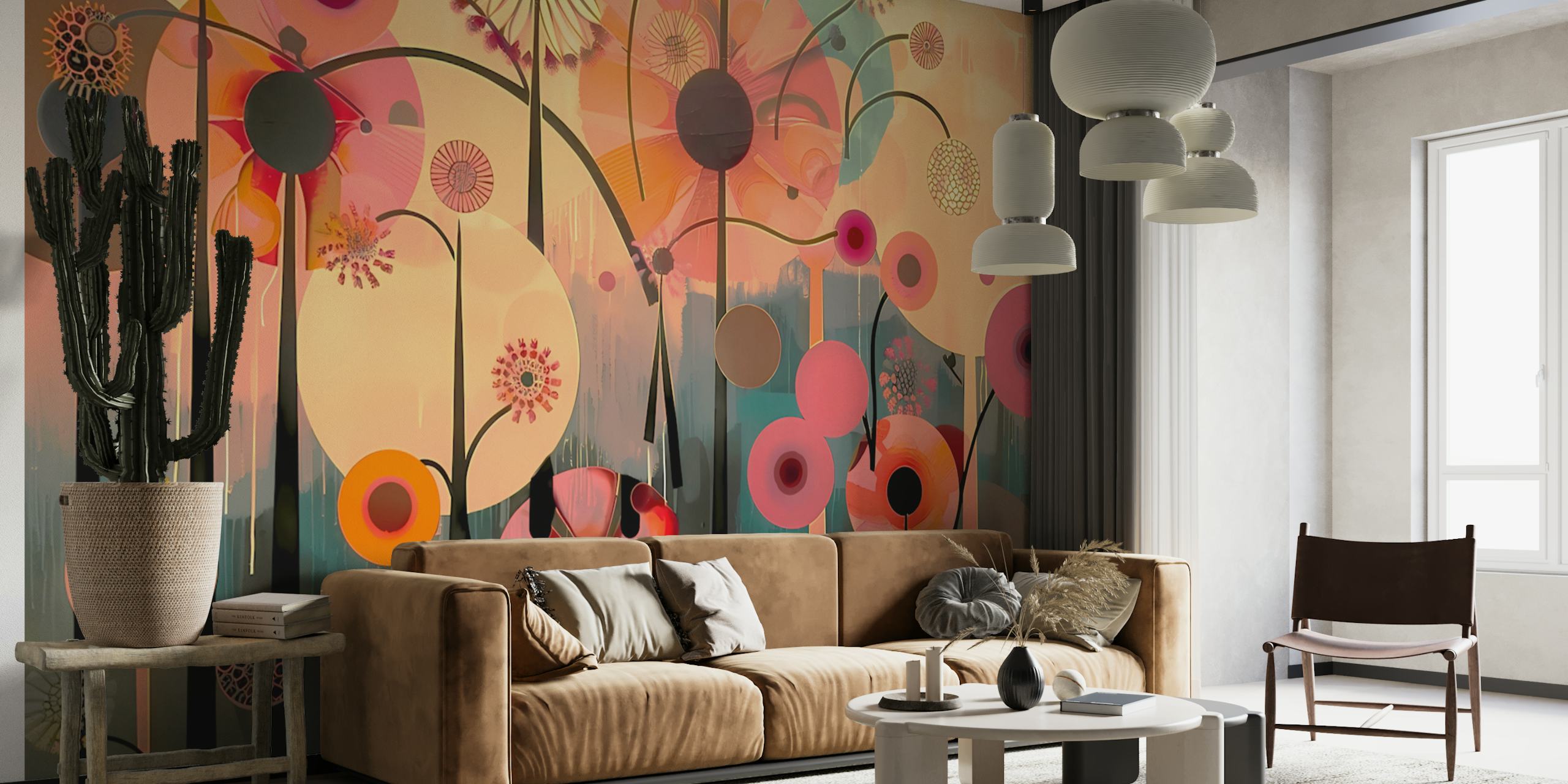 Colorful floral design with circles in pink, orange, and green tones wallpaper