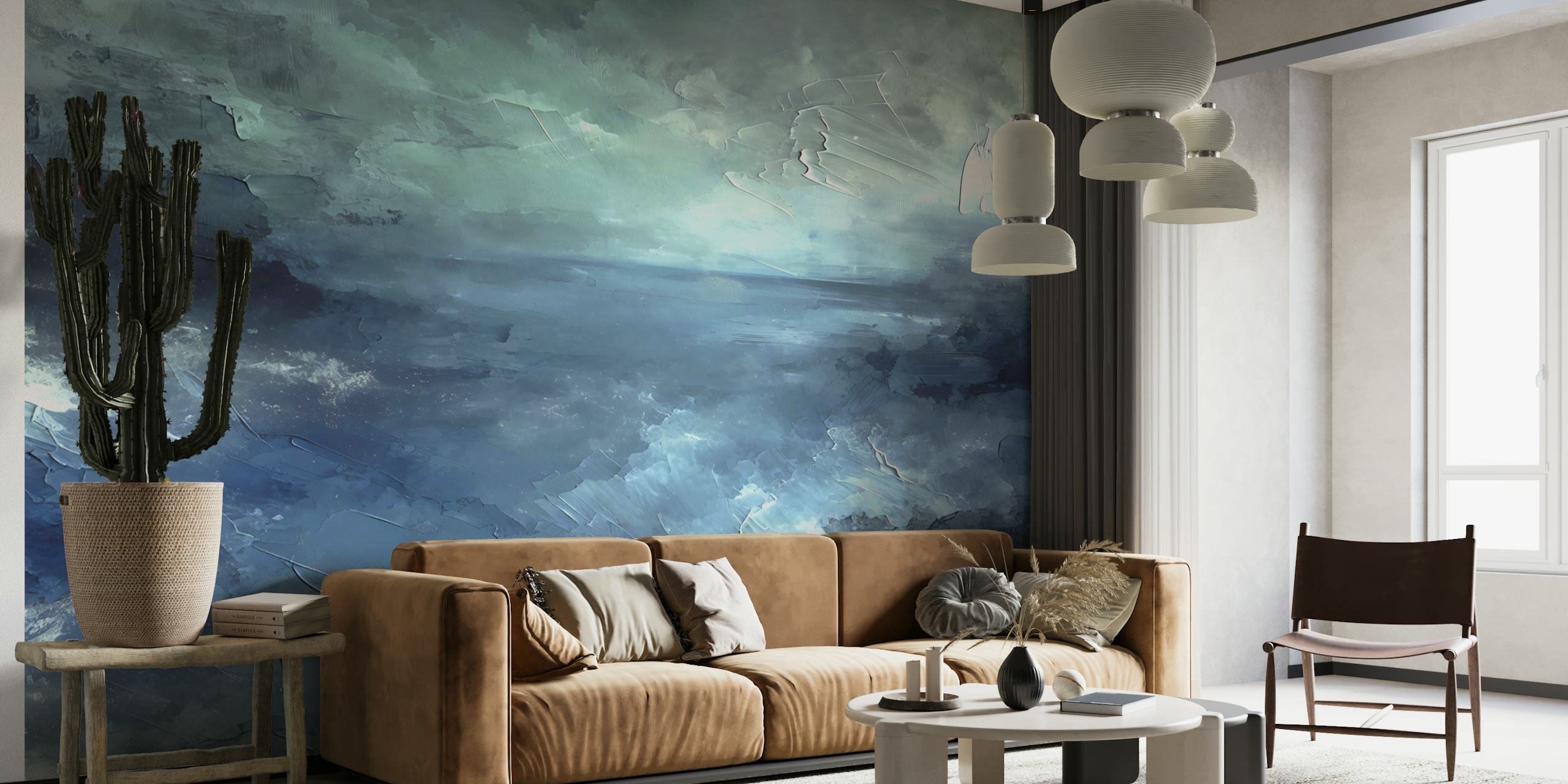 Abstract ocean waves in blue and turquoise tones wallpaper