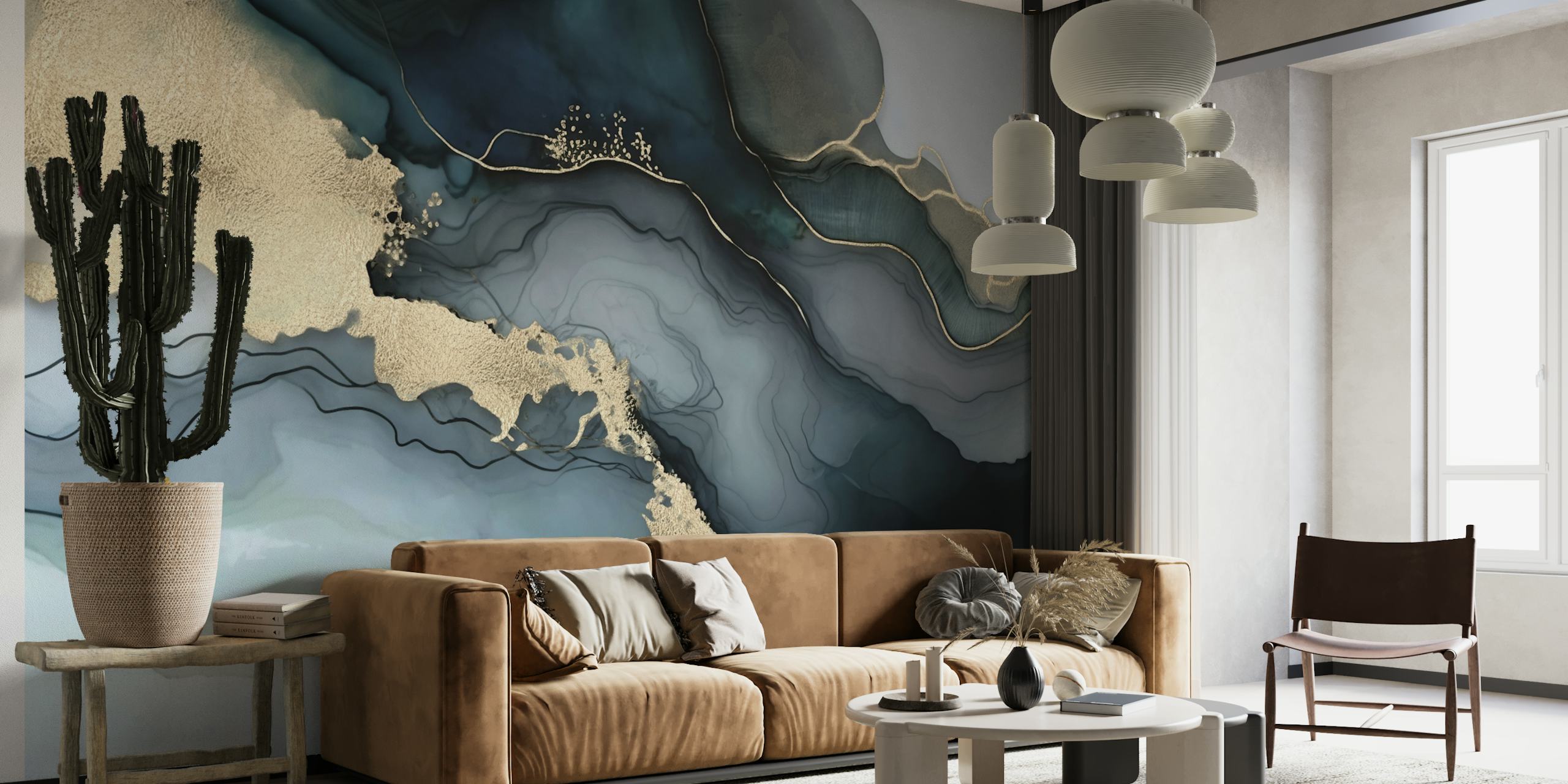 Papel pintado Moody Marbled Ink Teal Blue Gold en una habitación