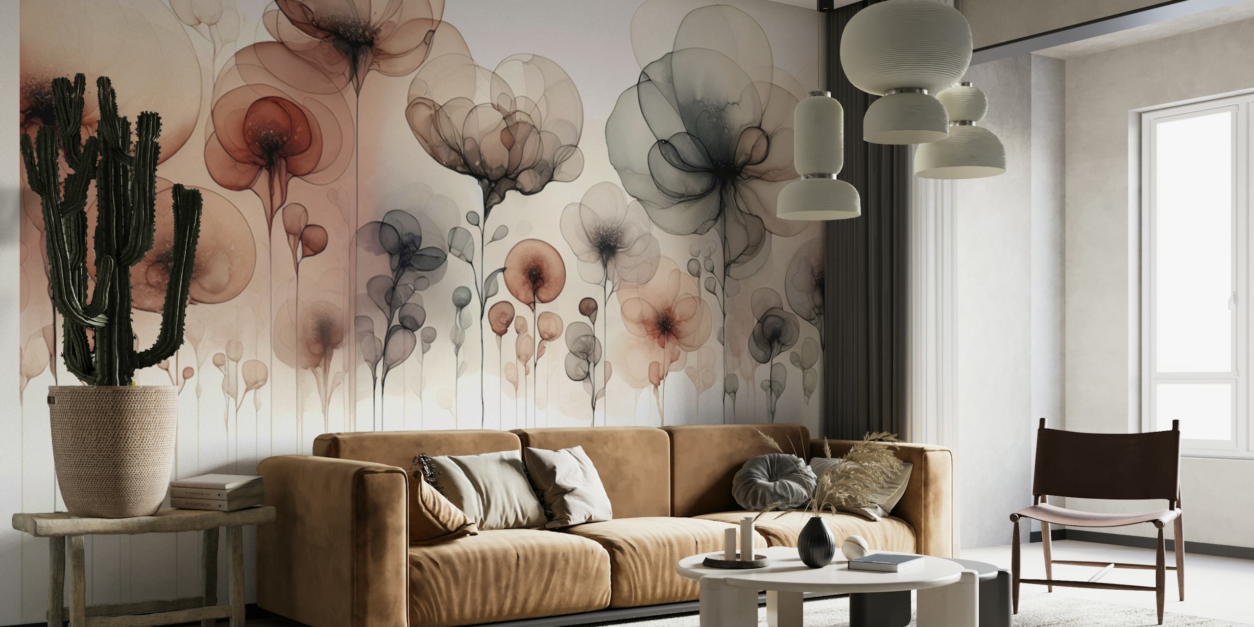 Translucent floral wallpaper featuring soft brown and black flowers with delicate stems