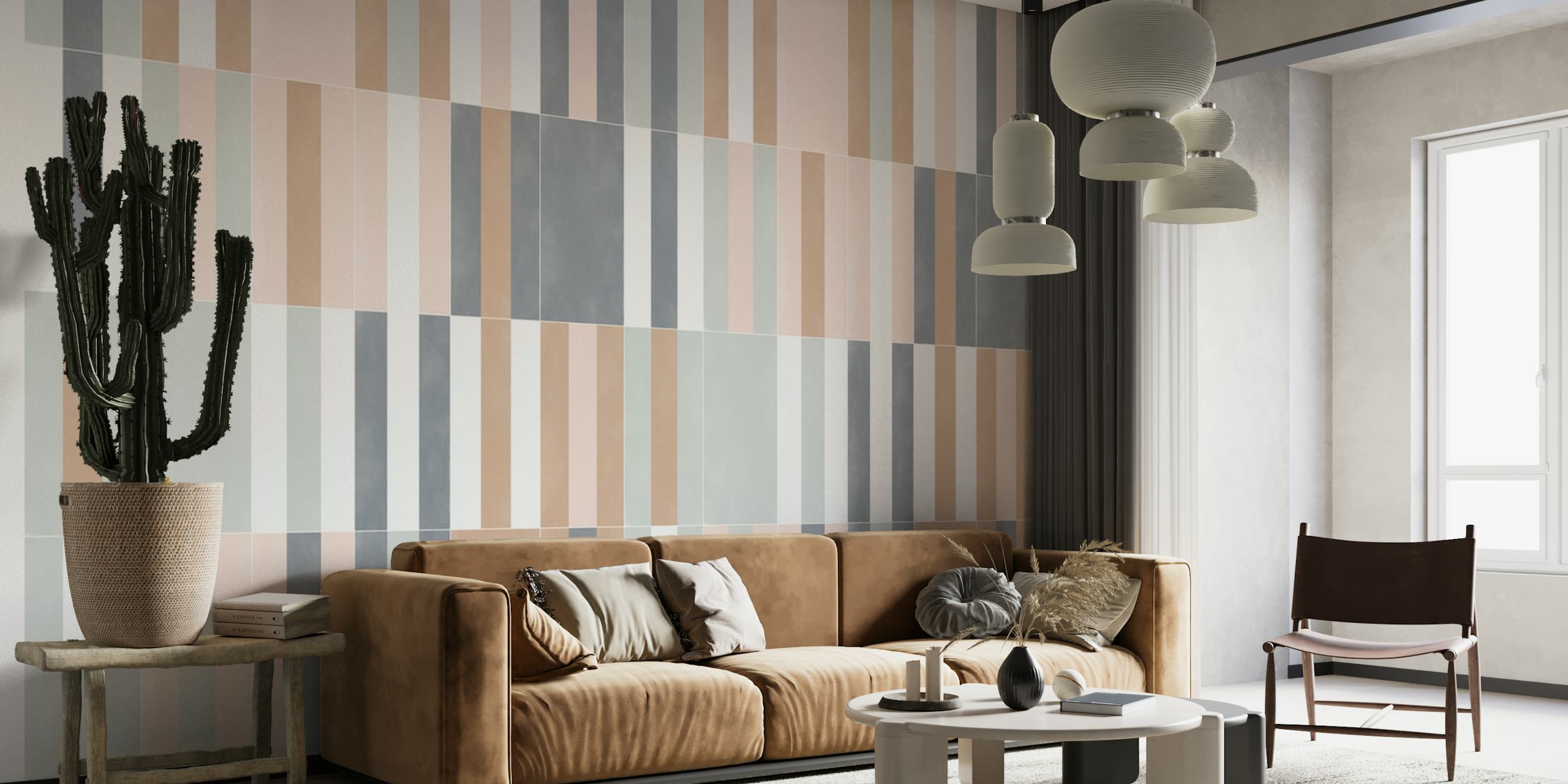 Elegant muted pastel tile pattern wall mural with soft stripes in gentle hues