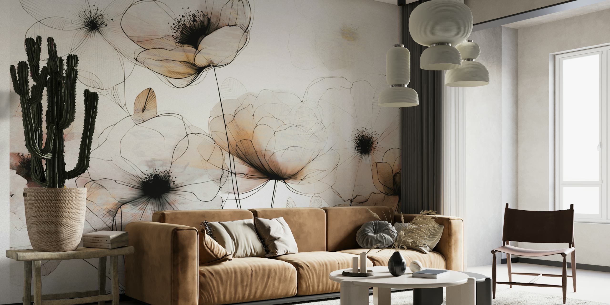 Sketches of soft neutral flowers with black outlines wallpaper