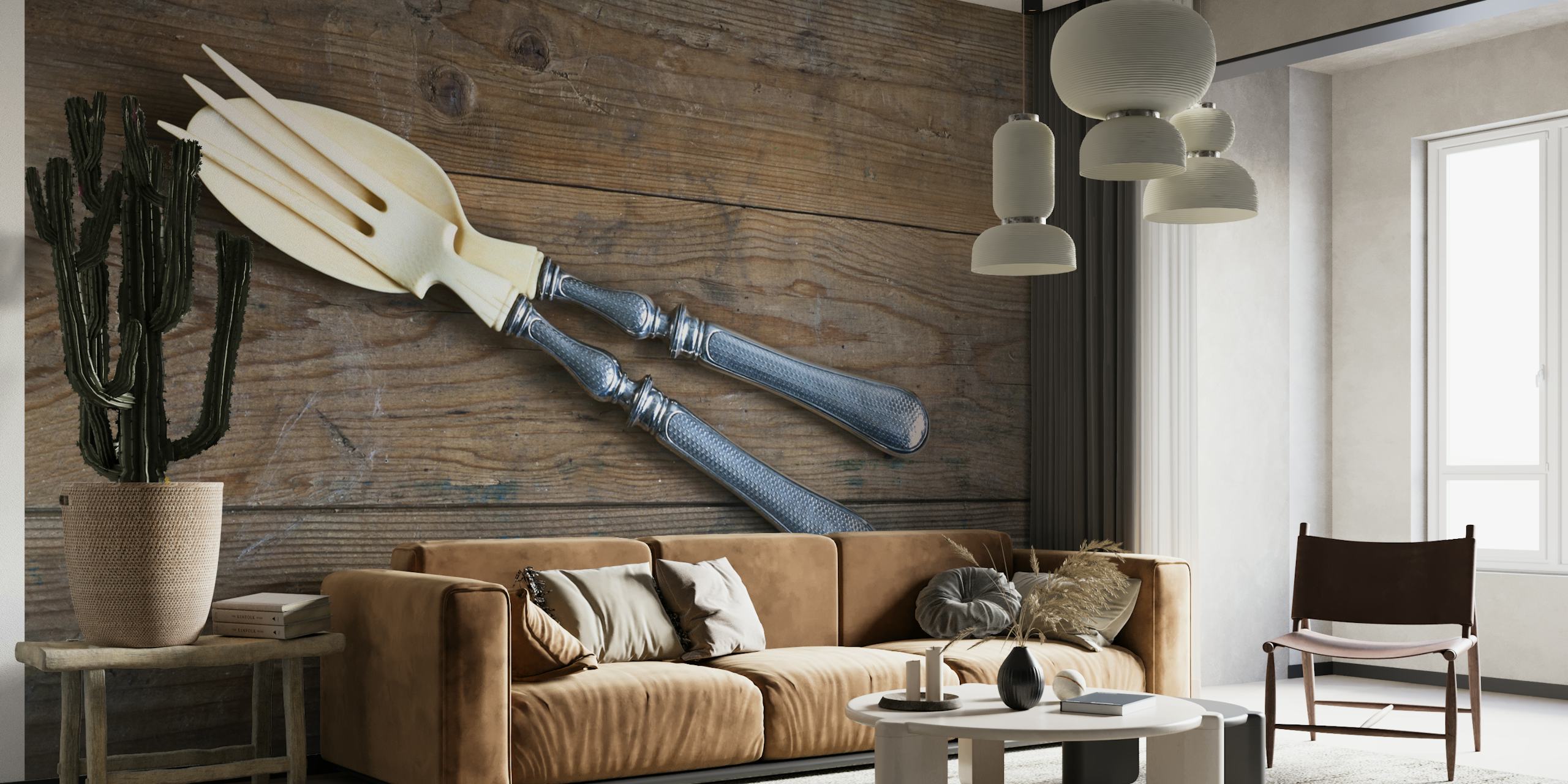 Vintage set pribora za jelo na drvenoj pozadini zidnog murala.