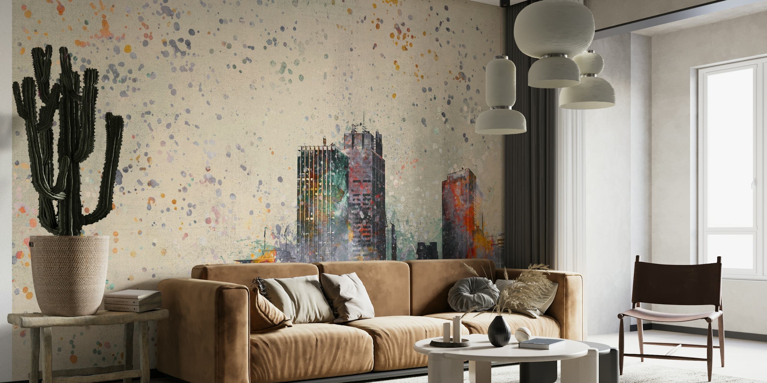 Abstrakti kaupunkikuvan seinämaalaus eloisilla väreillä ja roiskeella maaliefektillä