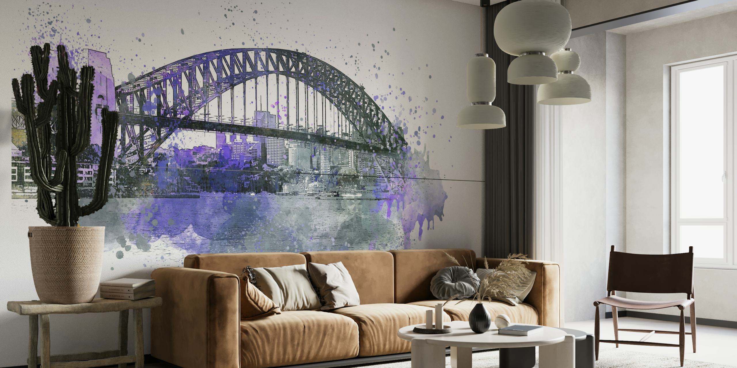 Artistic watercolor mural representation of Sydney Harbor Bridge in purple and gray tones