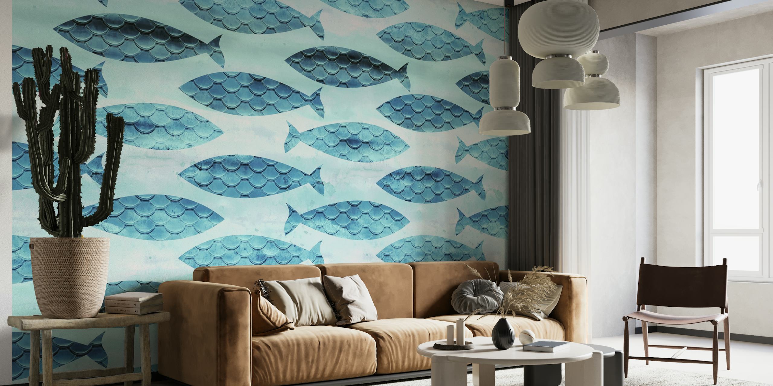 Veggmaleri i turkis og hvit fisk med mønster for interiør
