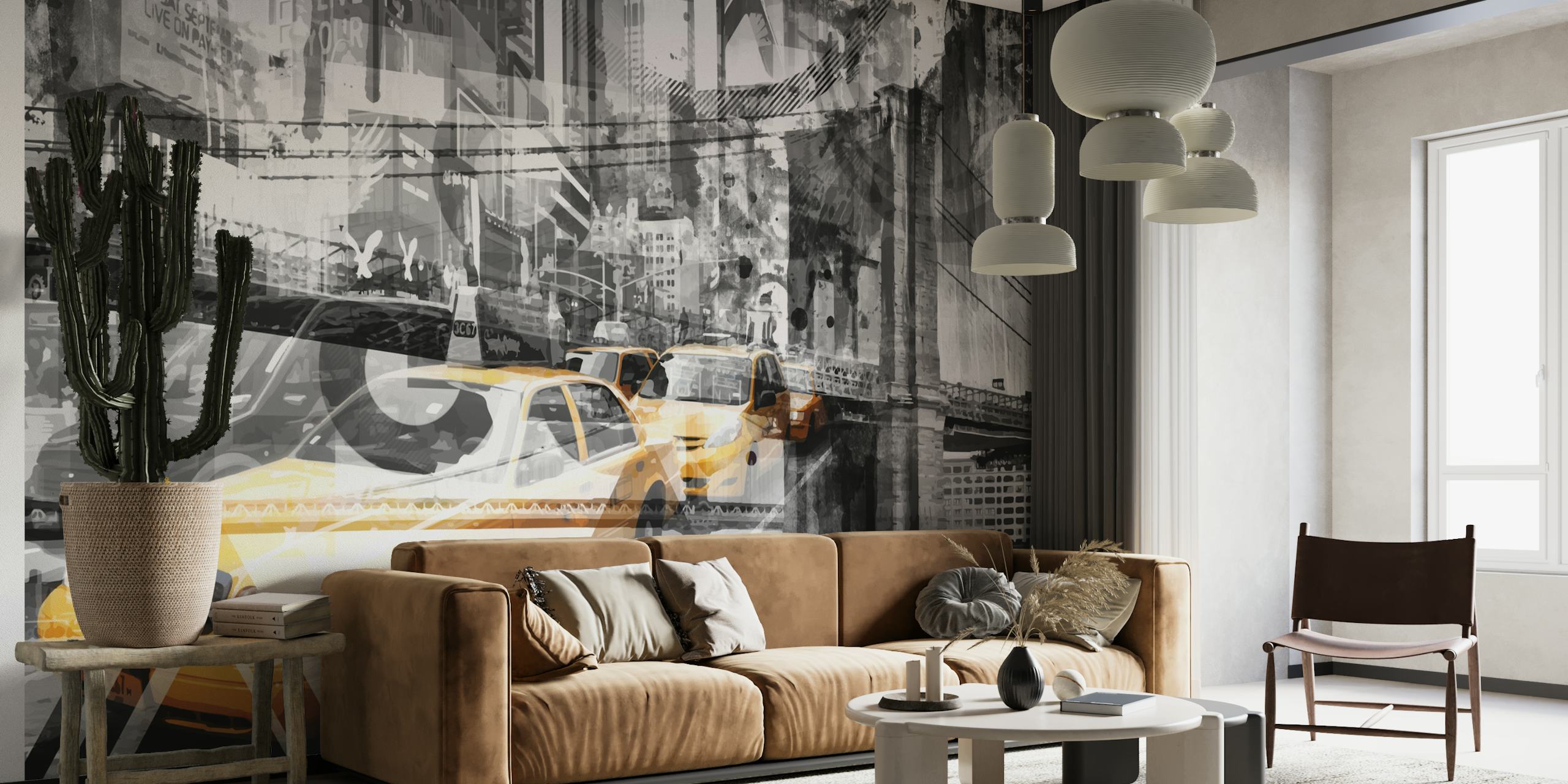 Modern Art NYC Collage vægmaleri med Times Square, Brooklyn Bridge og Statue of Liberty